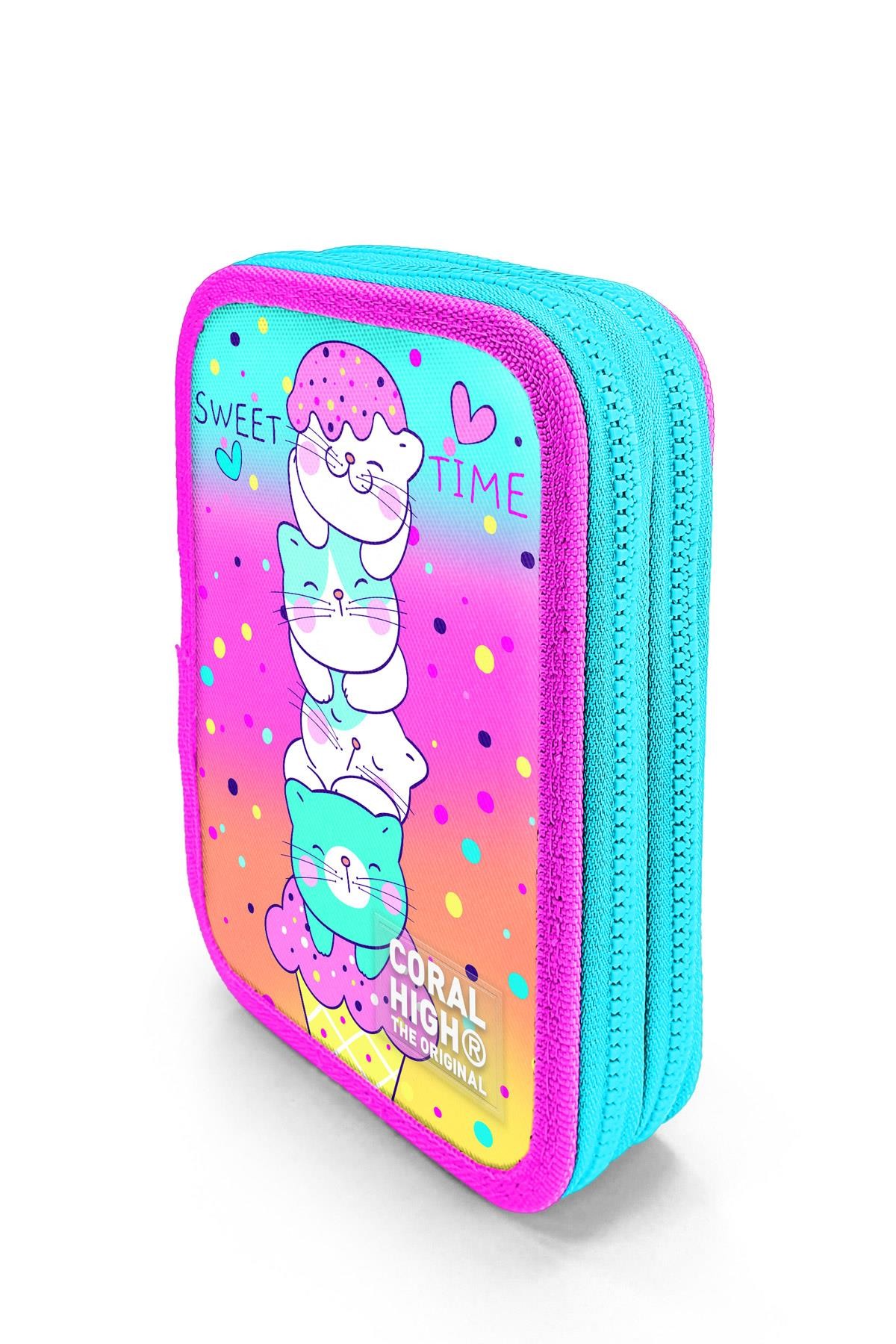 Coral High Kids Renkli Dondurmalı Kedi Desenli Çift Katlı Kalem Çanta 11139