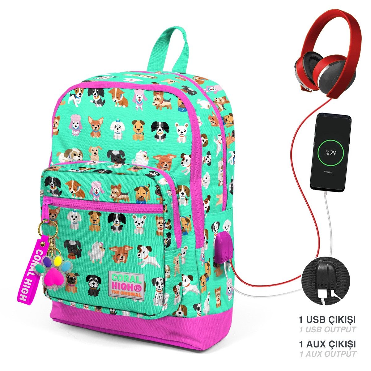Coral High Kids Su Yeşili Neon Pembe Köpek Desenli Dört Bölmeli USB'li Okul Sırt Çantası 23266