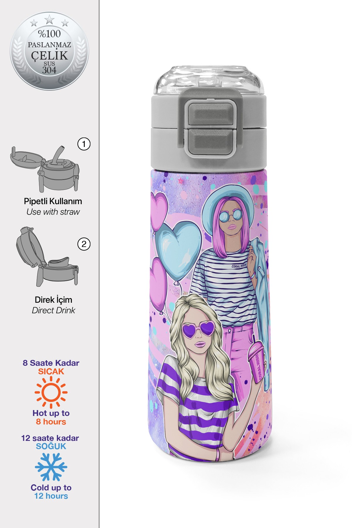 Coral High Kids Pembe Mor Fashion Girl Desenli Pipetli ve Direkt İçim Çelik Termos 500 ml 31956