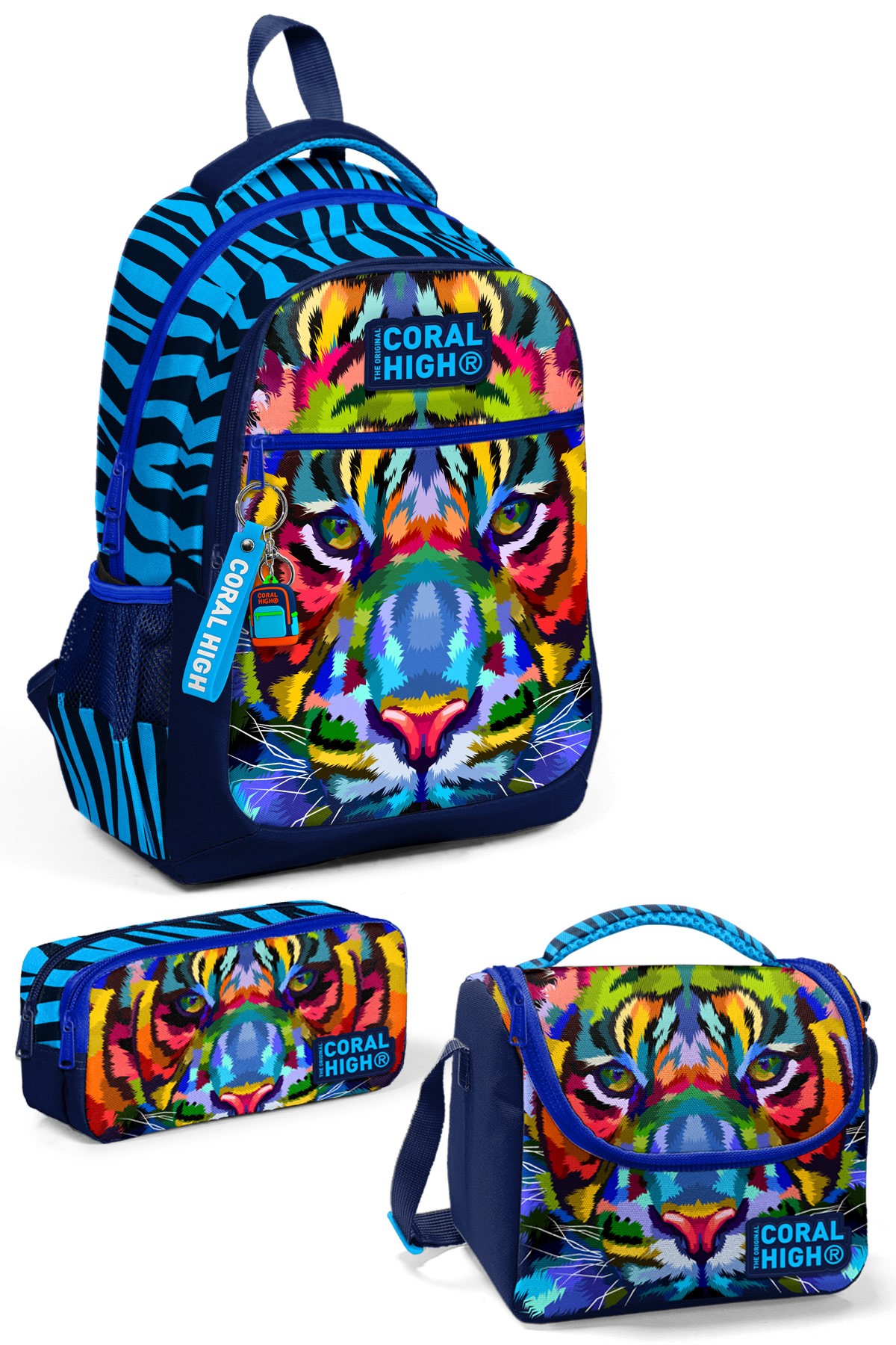 Coral High Kids Lacivert Mavi Kaplan Desenli 3’lü Okul Çanta Seti SET0123483