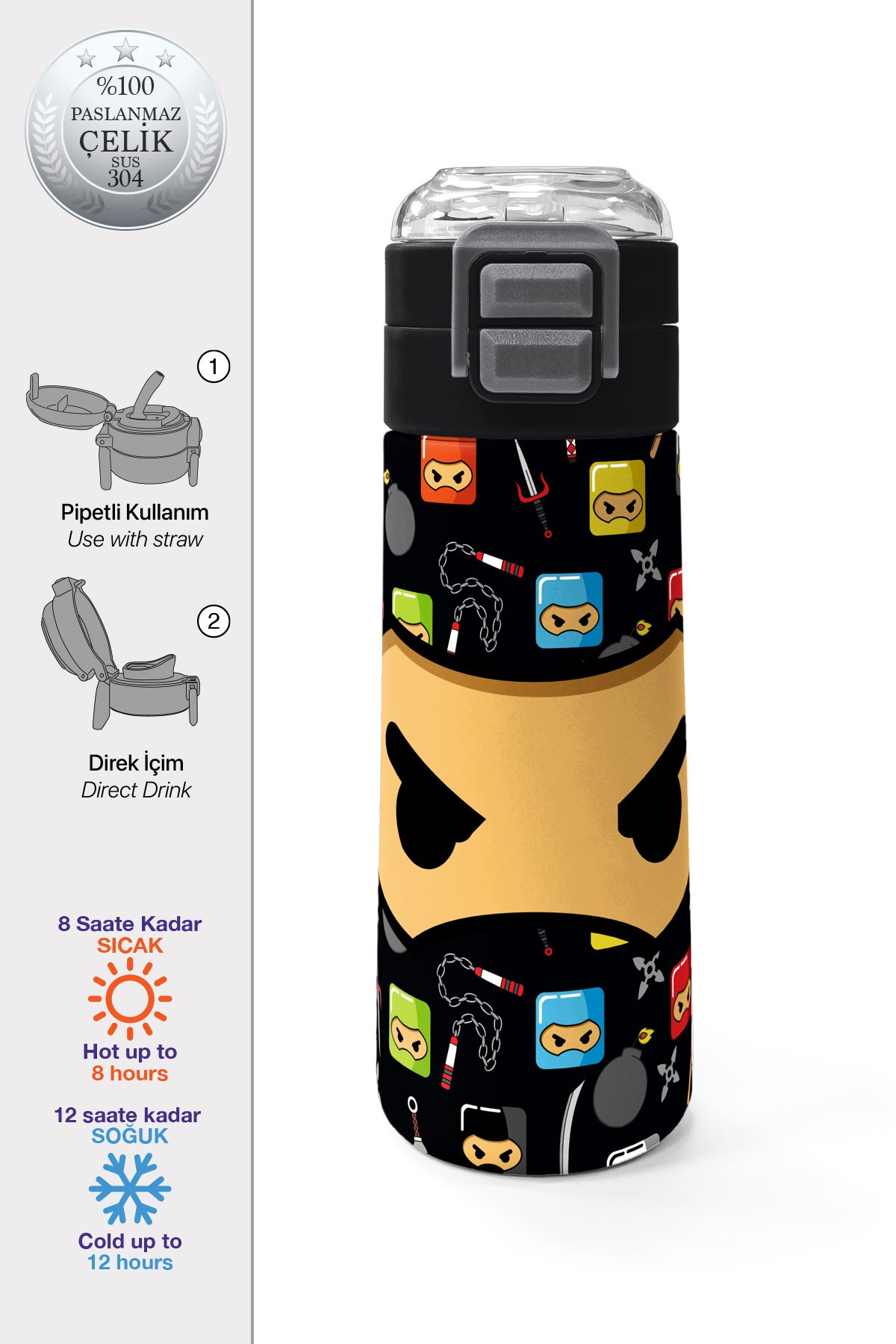 Coral High Kids Siyah Ninja Desenli Pipetli ve Direkt İçim Çelik Termos 500 ml 31919