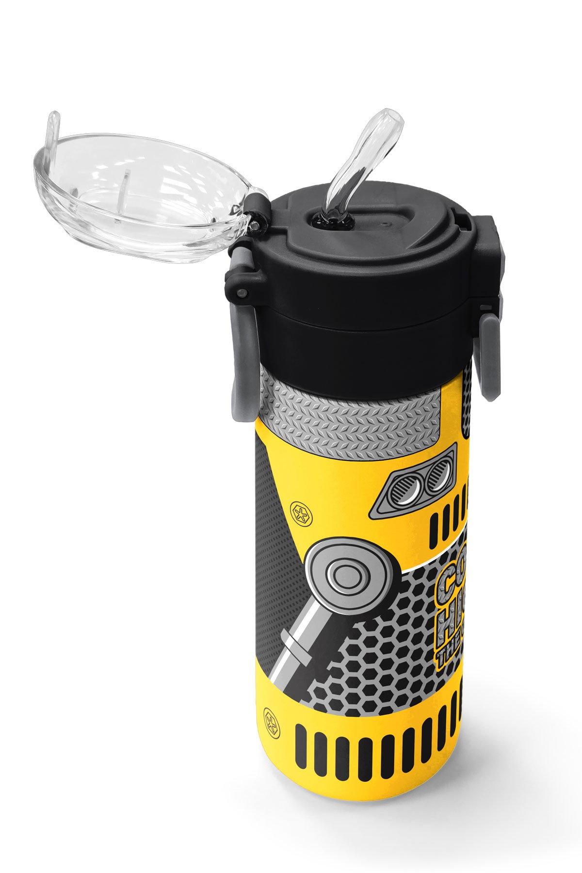 Coral High Kids Sarı Siyah Robot Desenli Pipetli ve Direkt İçim Çelik Termos 500 ml 31862