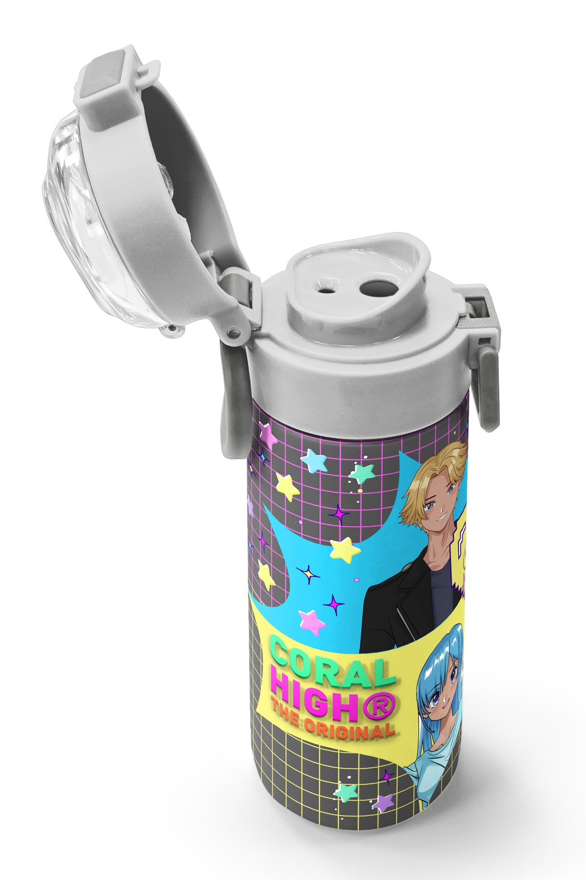 Coral High Kids Gri Mavi Pembe Anime Desenli Pipetli ve Direkt İçim Çelik Termos 500 ml 31943
