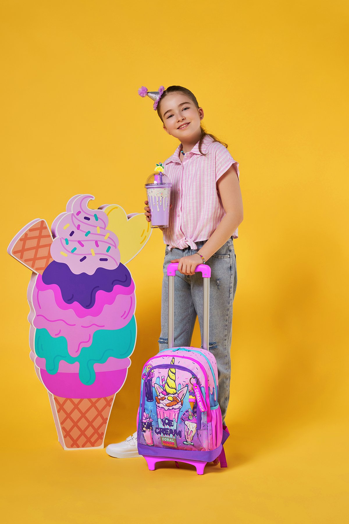 Coral High Kids Pembe Mor Milkshake Dondurma Desenli Üç Bölmeli Çekçekli Okul Sırt Çantası 23949