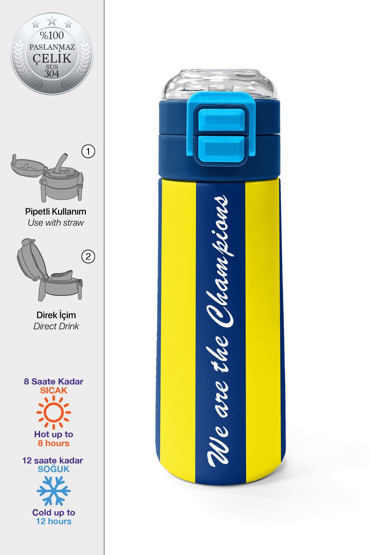 Coral High Kids Sarı Lacivert Çubuklu Pipetli ve Direkt İçim Çelik Termos 500 ml 31791