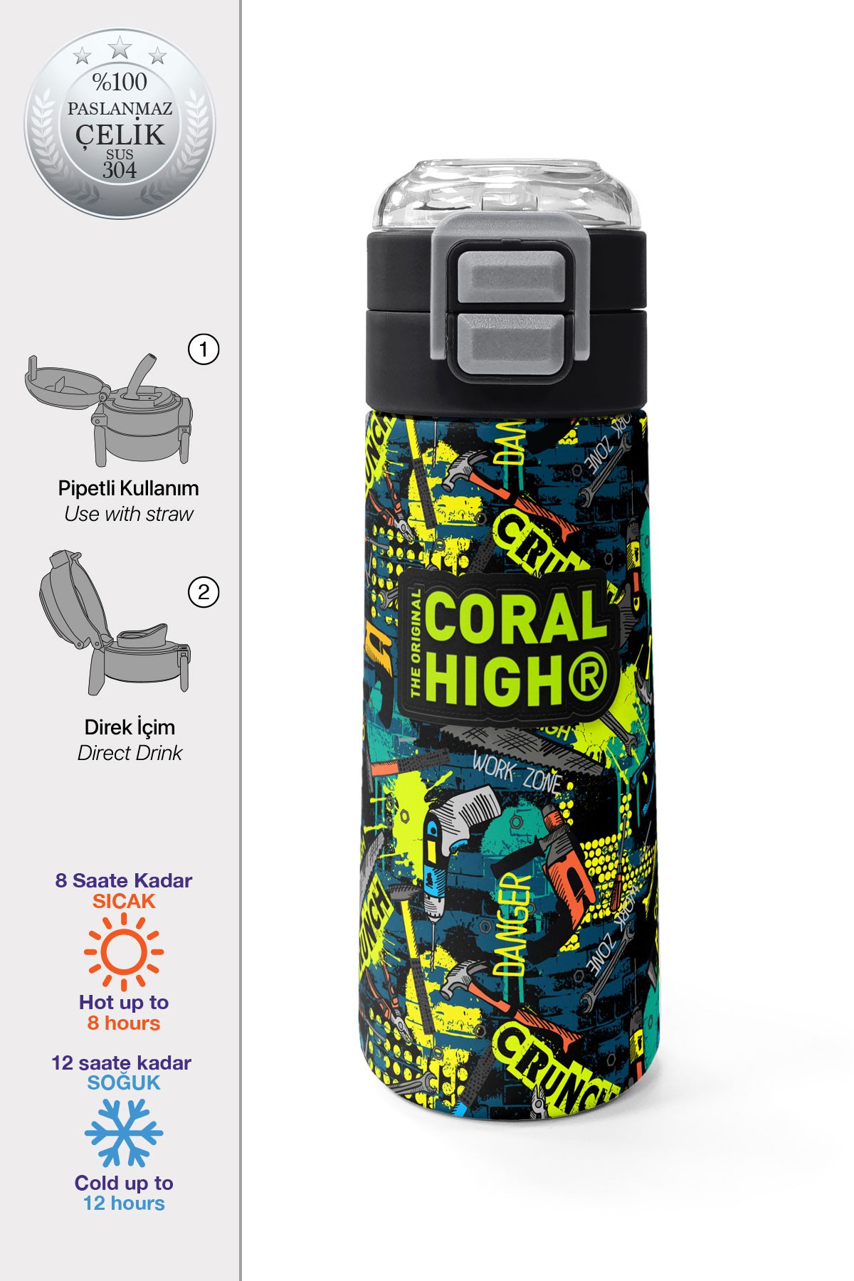 Coral High Kids Nefti Siyah Tamir Seti Desenli Pipetli ve Direkt İçim Çelik Termos 500 ml 31974