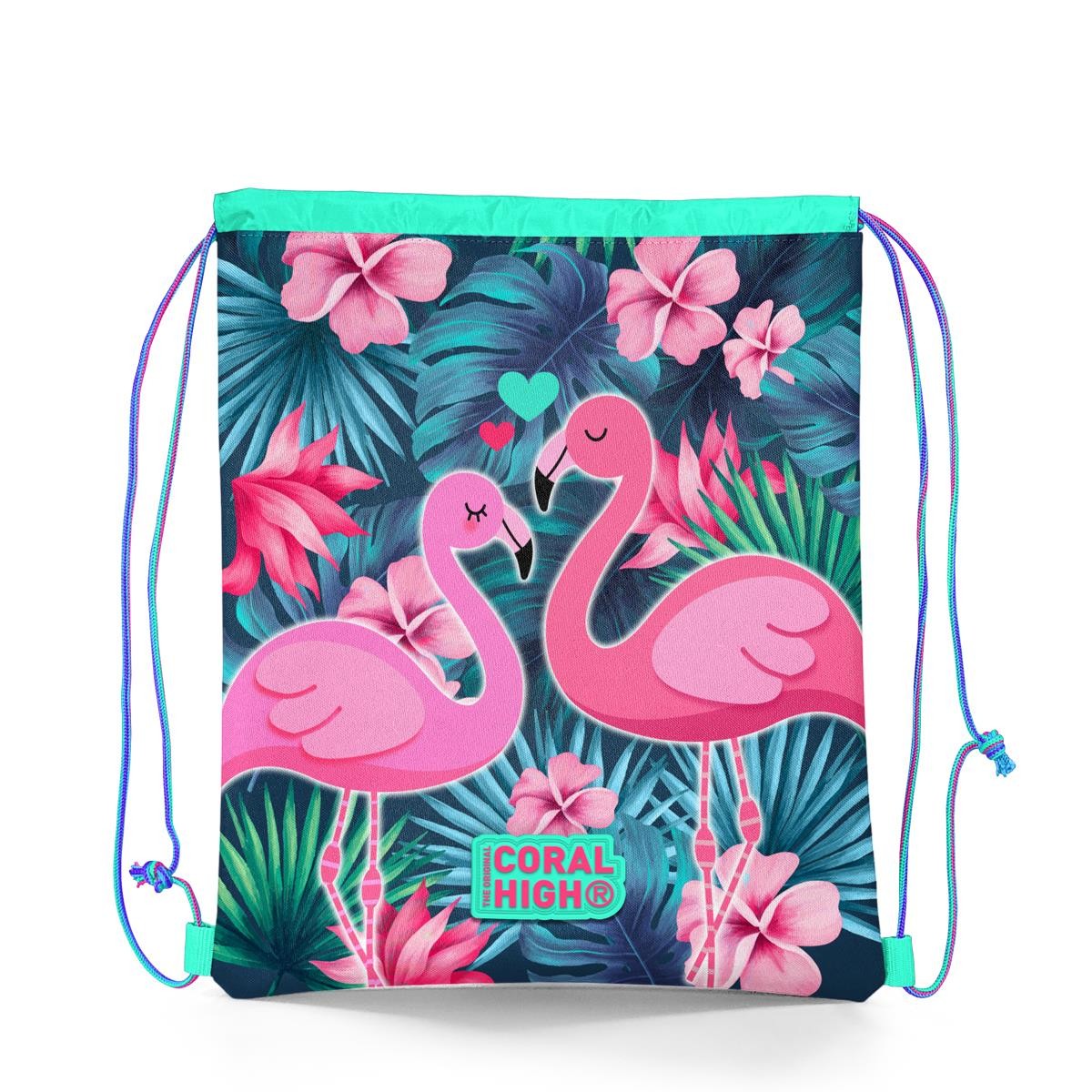 Coral High Kids Neon Mercan Su Yeşili Flamingo Desenli İpli Büzgülü Sırt Çantası 22484