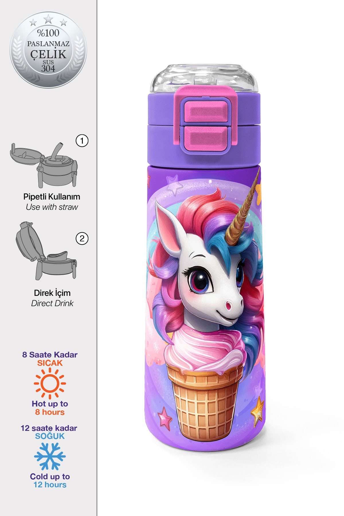 Coral High Kids Mor Pembe Unicorn Dondurma Desenli Pipetli ve Direkt İçim Çelik Termos 500 ml 31859