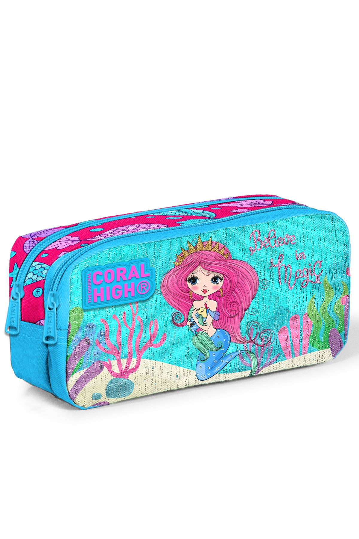 Coral High Kids Mavi Pembe Deniz Kızı Desenli İki Bölmeli Kalem Çantası 12049