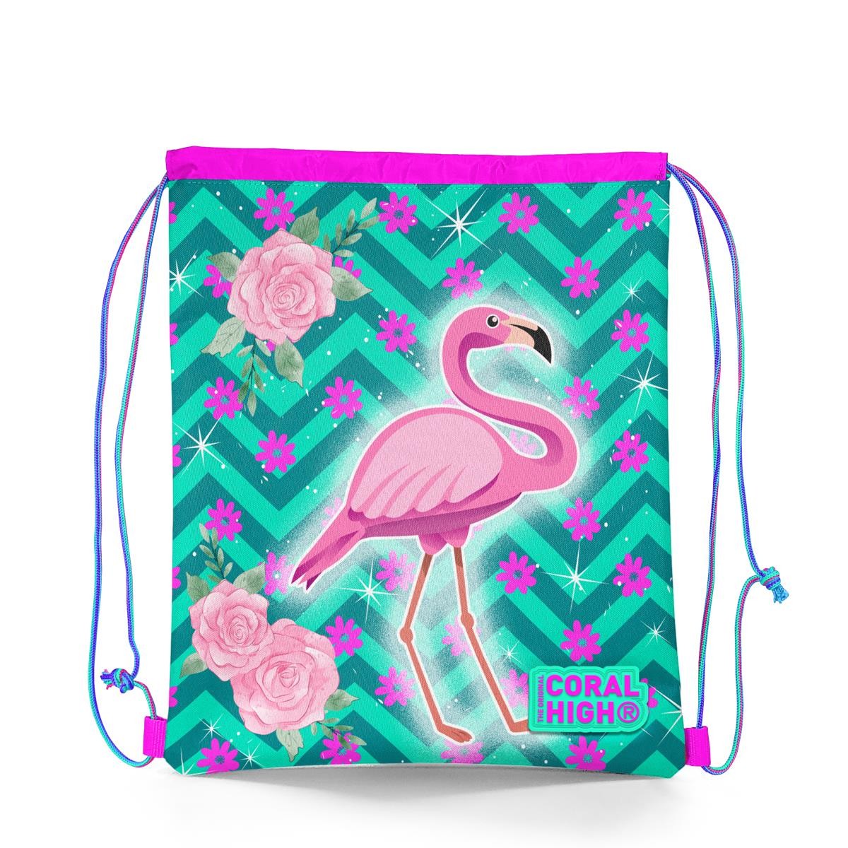 Coral High Kids Su Yeşili Pembe Flamingo Desenli İpli Büzgülü Sırt Çantası 22481
