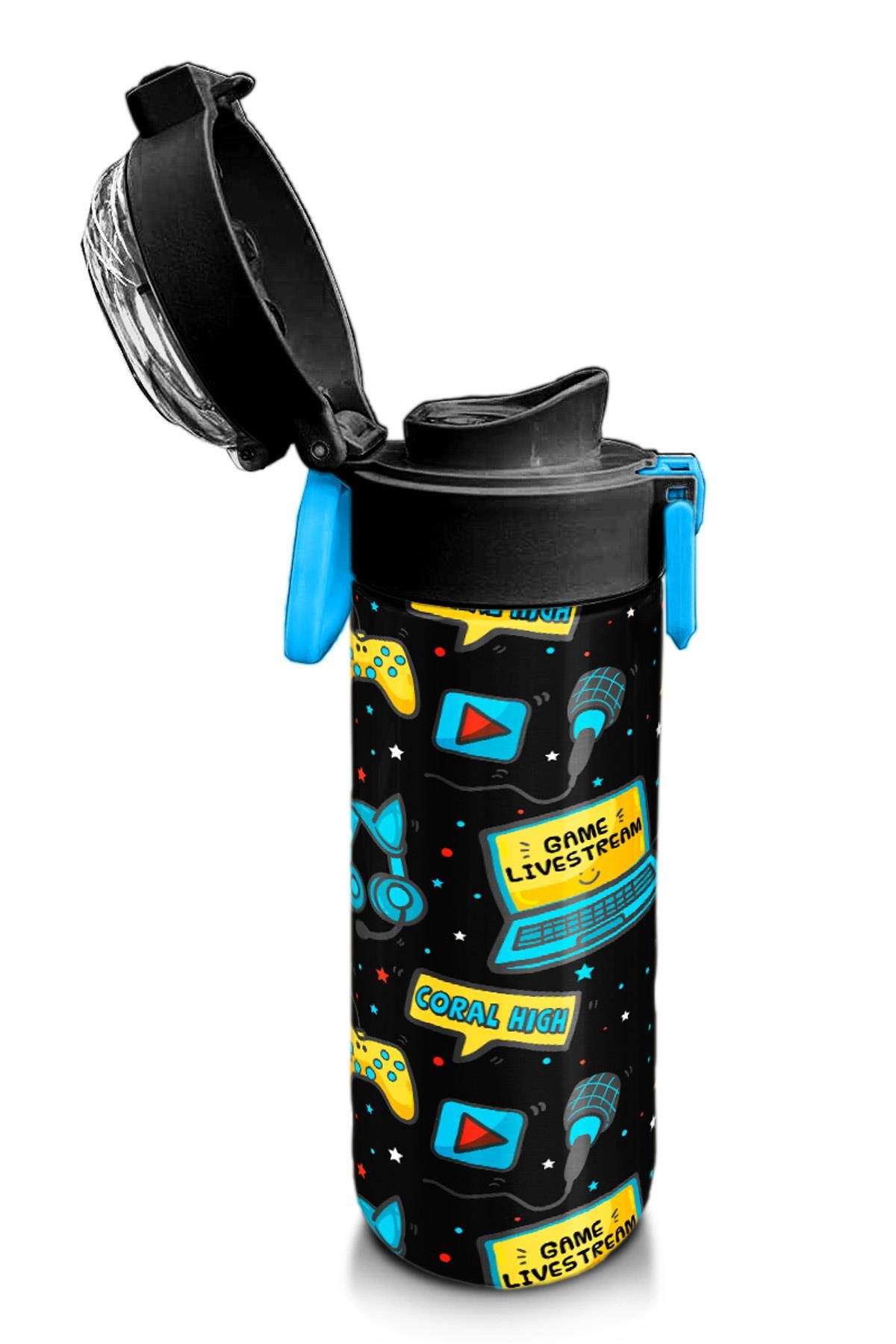 Coral High Kids Siyah Mavi Gamer Desenli Pipetli ve Direkt İçim Çelik Termos 500 ml 31984