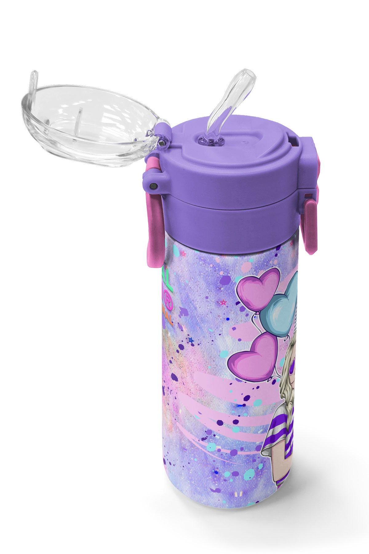 Coral High Kids Pembe Mor Fashion Girl Desenli Pipetli ve Direkt İçim Çelik Termos 500 ml 31956