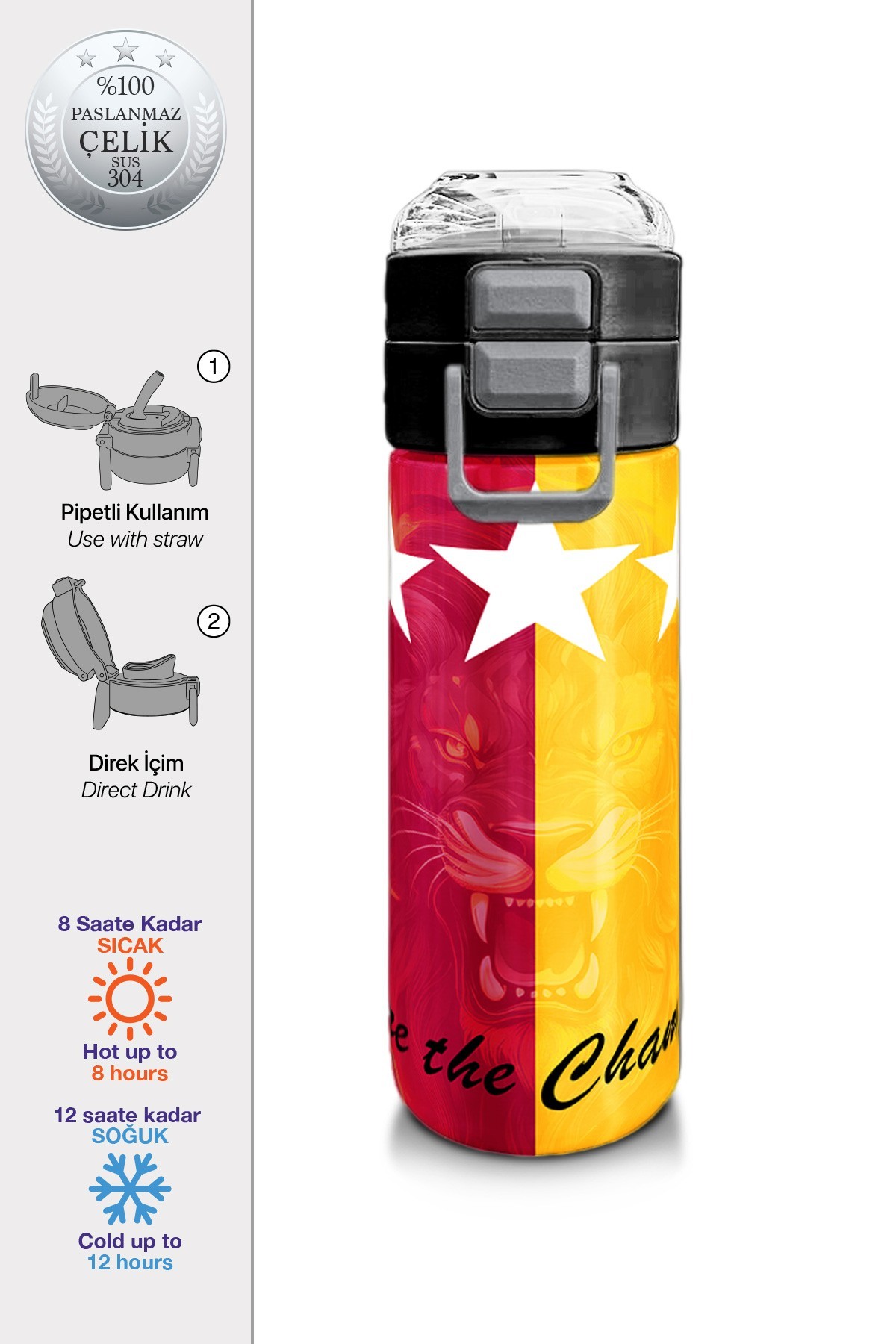 Coral High Kids Sarı Kırmızı 5 Yıldız Aslan Taraftar Desenli Pipetli ve Direkt İçim Çelik Termos 500 ml 31792