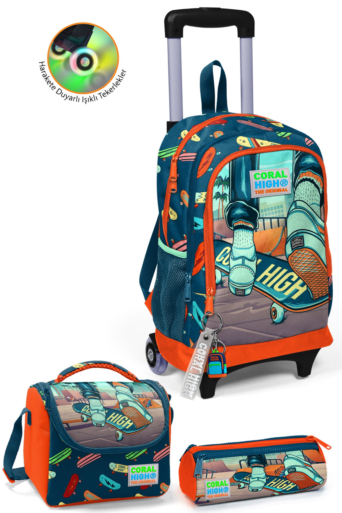 Coral High Kids Civit Neon Turuncu Kaykay Desenli Çekçekli 3'lü Çanta Seti SET0123923