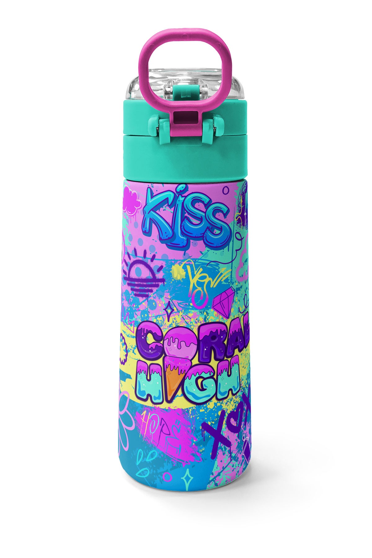 Coral High Kids Lavanta Su Yeşili Grafiti Desenli Pipetli ve Direkt İçim Çelik Termos 500 ml 31971