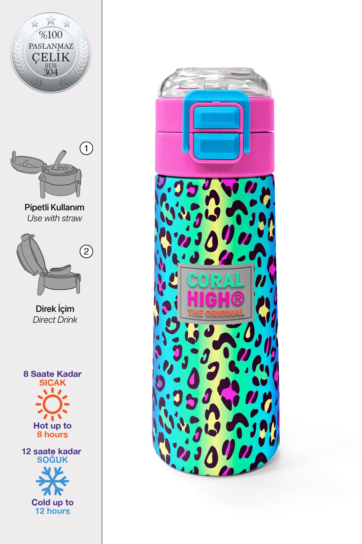 Coral High Kids Renkli Leopar Desenli Pipetli ve Direk İçimli Paslanmaz Çelik Termos 500 ML 31985