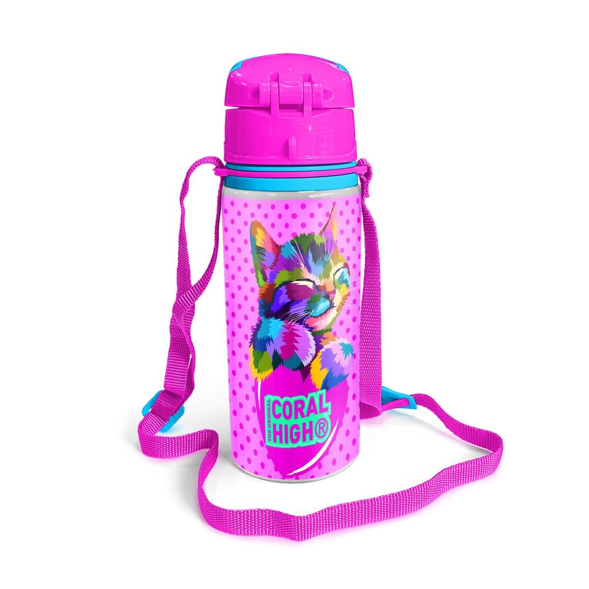 Coral High Kids Pembe Su Yeşili Kedi Desenli Pipetli Alüminyum Matara 600 ml 11951