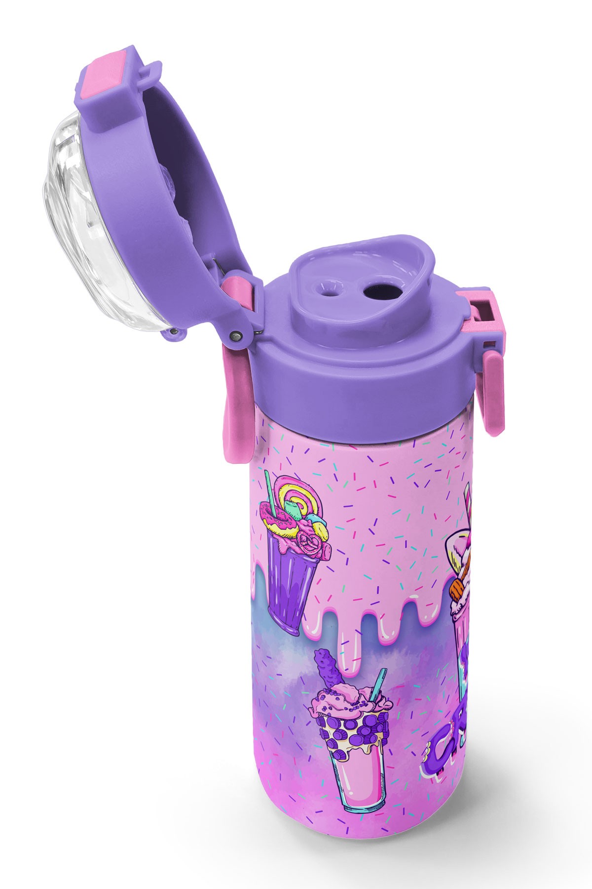 Coral High Kids Pembe Mor Milkshake Dondurma Desenli Pipetli ve Direkt İçim Çelik Termos 500 ml 31950