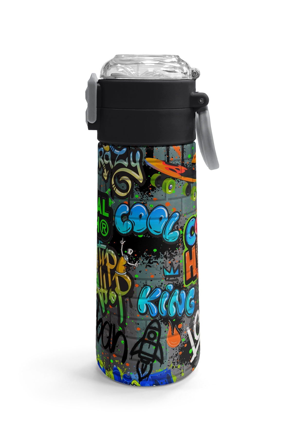 Coral High Kids Siyah Mavi Grafiti Desenli Pipetli ve Direkt İçim Çelik Termos 500 ml 31972