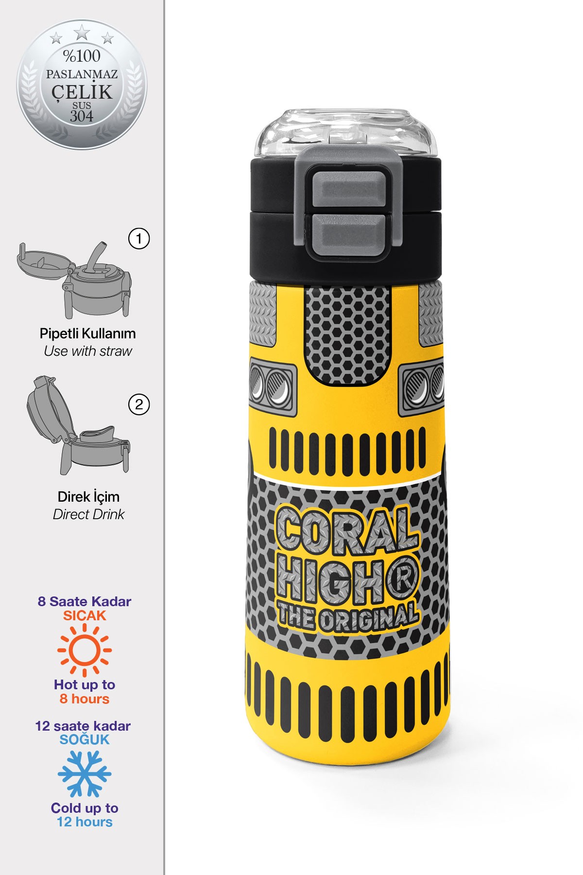 Coral High Kids Sarı Siyah Robot Desenli Pipetli ve Direkt İçim Çelik Termos 500 ml 31862