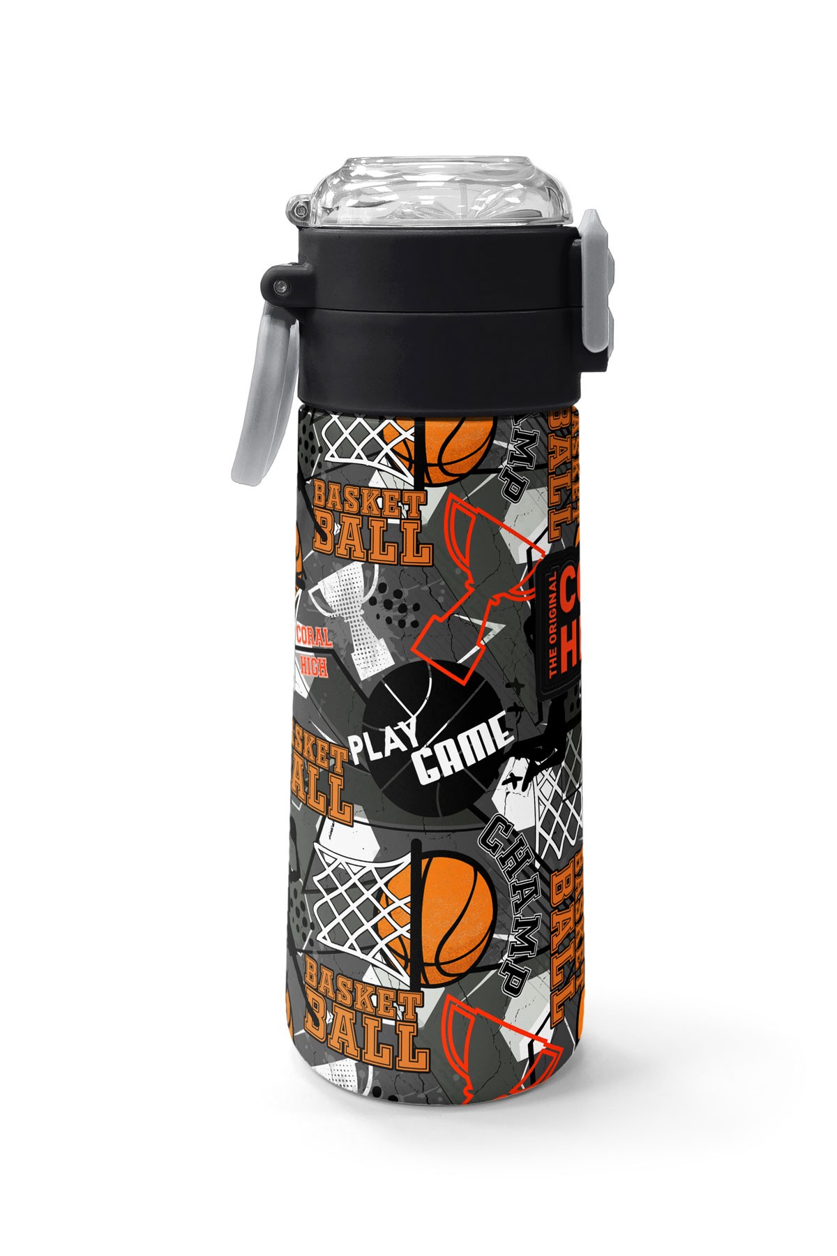 Coral High Kids Siyah Gri Basketbol Desenli Pipetli ve Direkt İçim Çelik Termos 500 ml 31975
