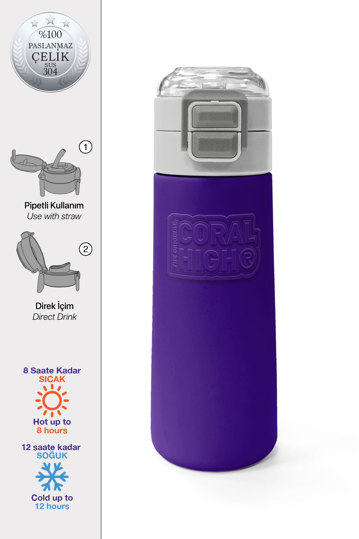 Coral High Kids Mor Pipetli ve Direkt İçim Çelik Termos 500 ml 31826