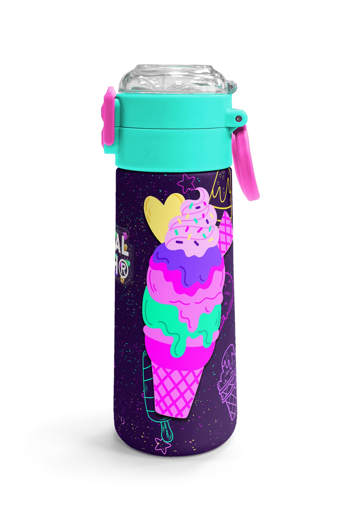 Coral High Kids Mor Pembe Dondurma Desenli Pipetli ve Direkt İçim Çelik Termos 500 ml 31980