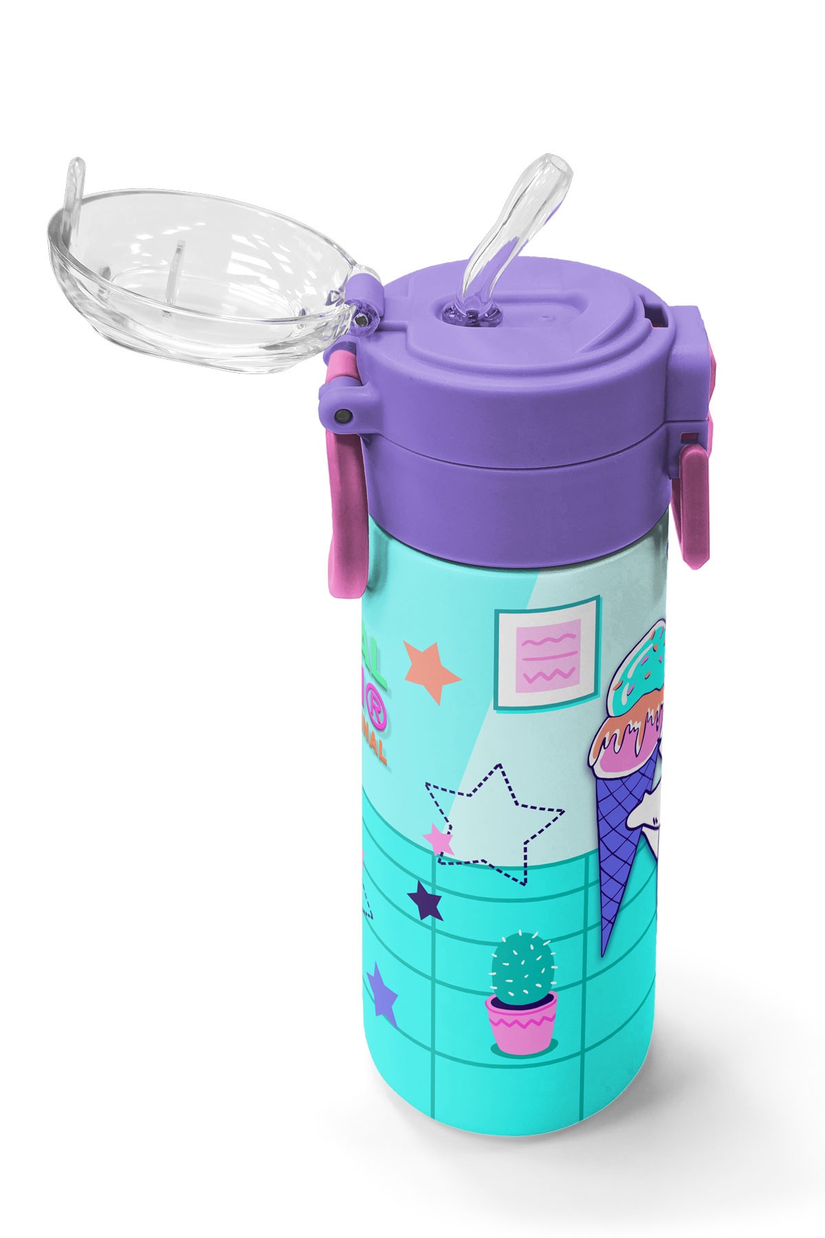 Coral High Kids Turkuaz Pembe Dondurmalı Desenli Pipetli ve Direkt İçim Çelik Termos 500 ml 31952