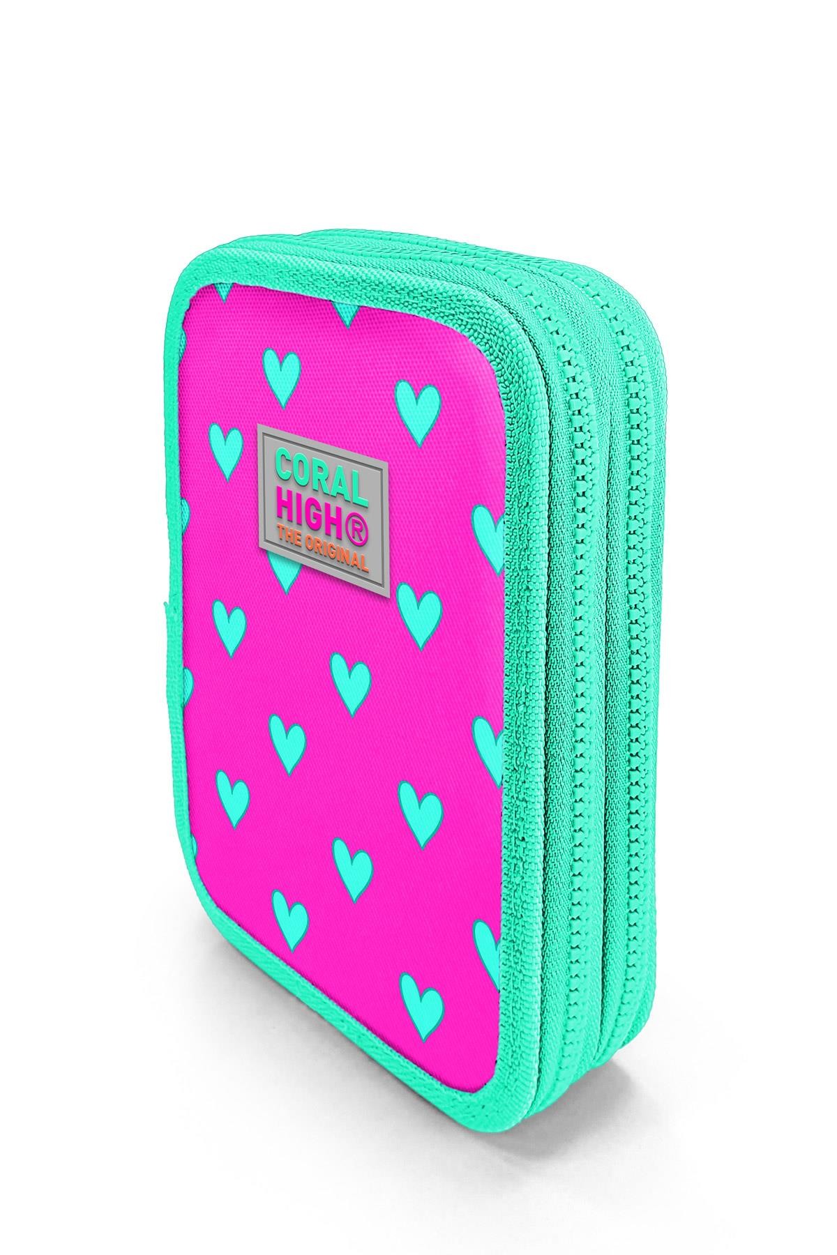 Coral High Kids Neon Pembe Su Yeşili Kalp Desenli Çift Katlı Kalem Çanta 11133