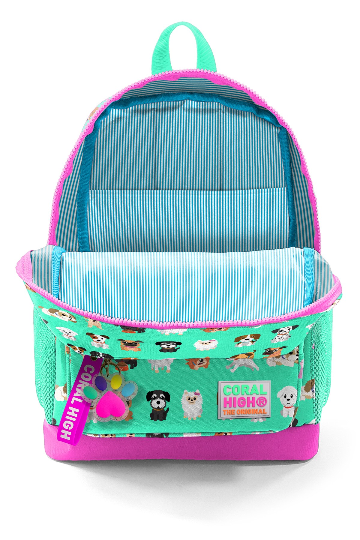 Coral High Kids Su Yeşili Neon Pembe Köpek Desenli Dört Bölmeli Okul Sırt Çantası 23465