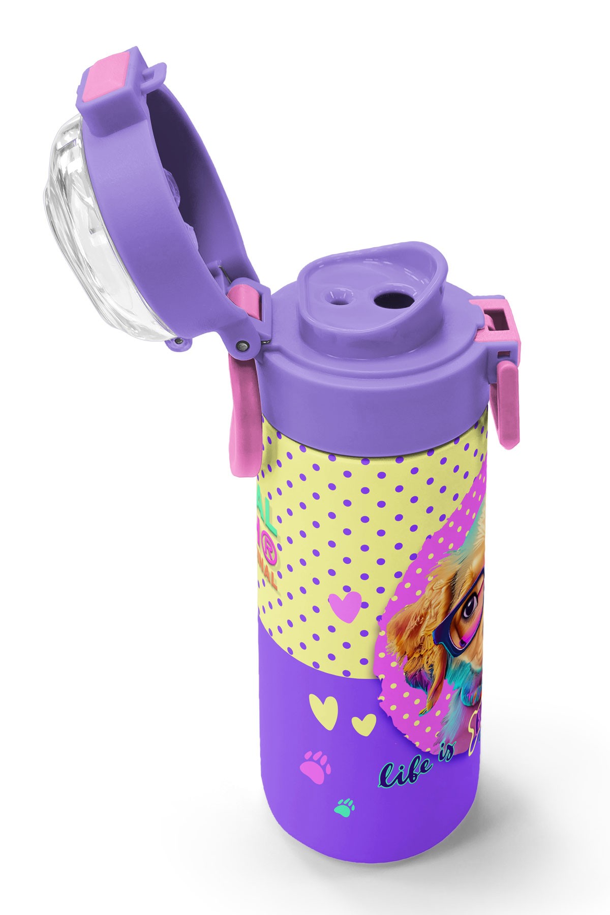 Coral High Kids Sarı Pembe Sevimli Köpek Desenli Pipetli ve Direkt İçim Çelik Termos 500 ml 31953