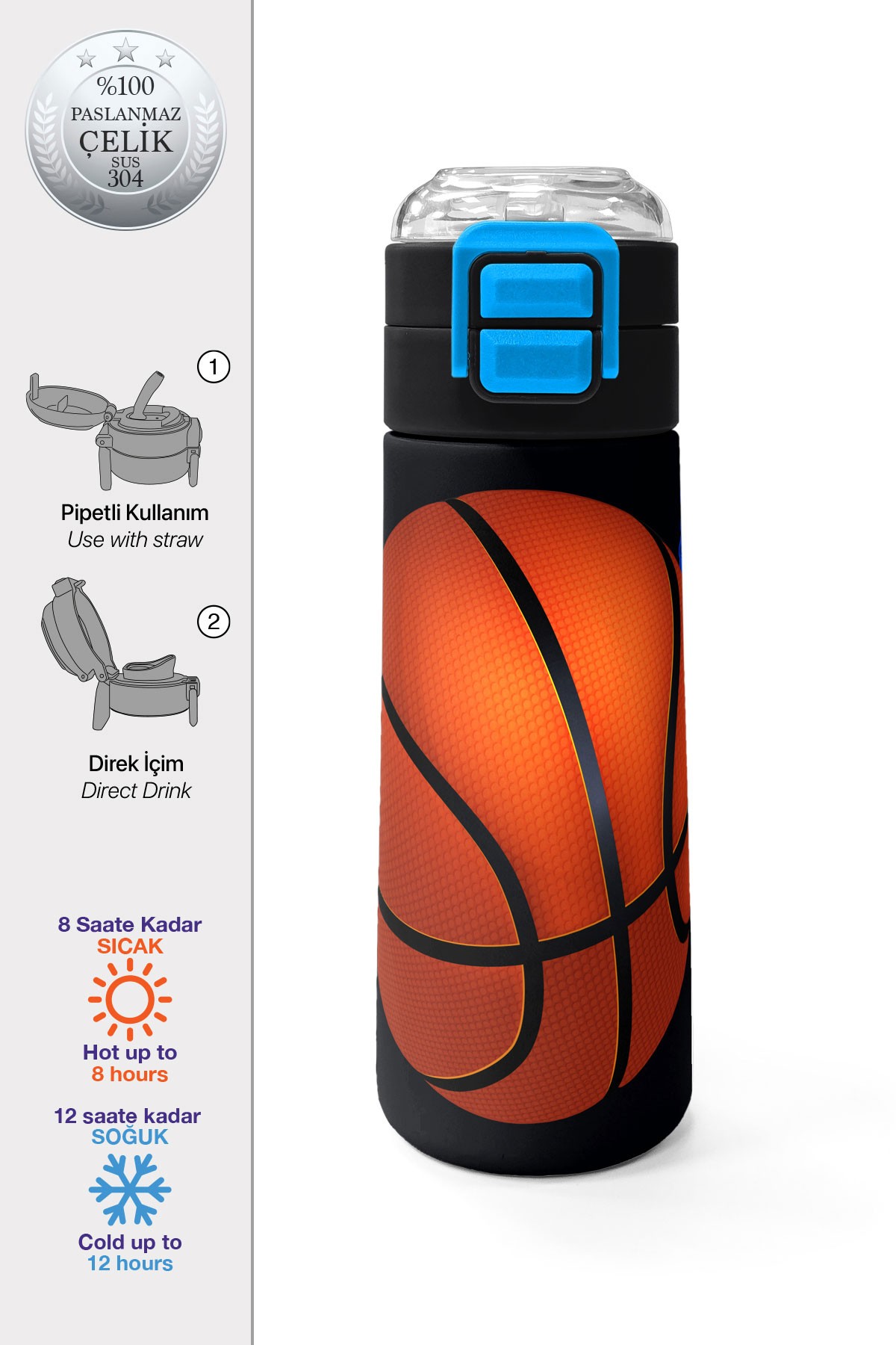 Coral High Kids Siyah Basketbol Desenli Pipetli ve Direkt İçim Çelik Termos 500 ml 31795