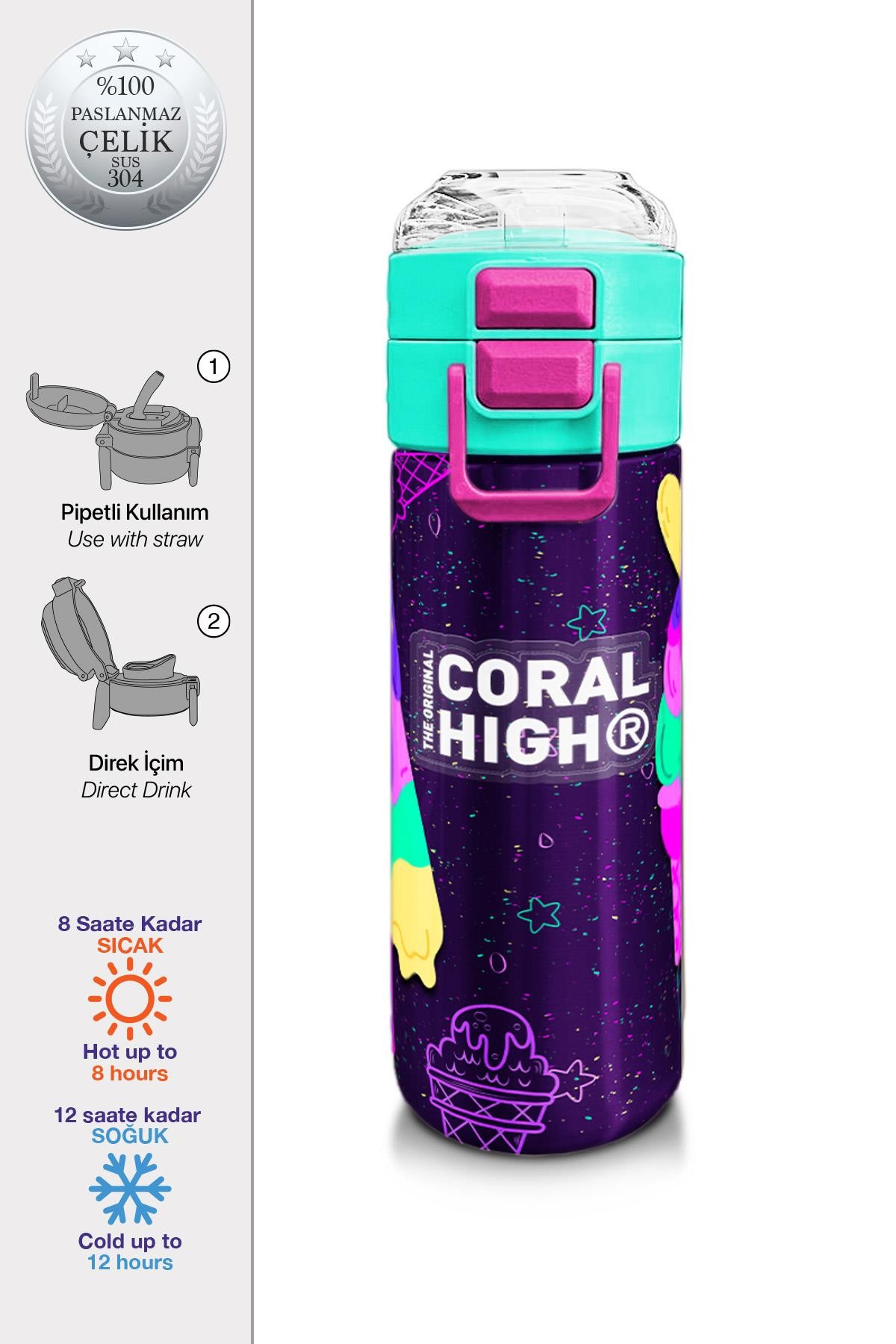 Coral High Kids Mor Pembe Dondurma Desenli Pipetli ve Direkt İçim Çelik Termos 500 ml 31980