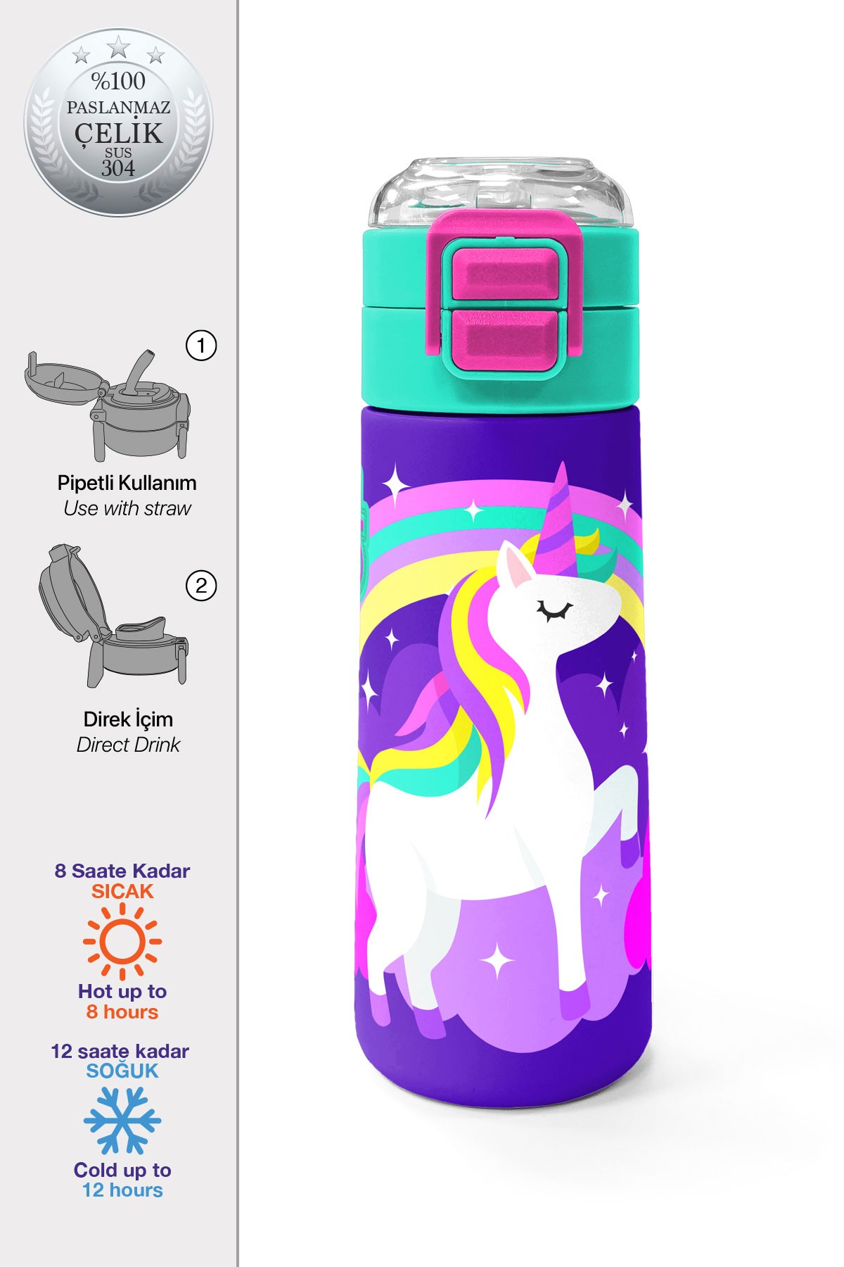 Coral High Kids Mor Su Yeşili Unicorn Desenli Pipetli ve Direkt İçim Çelik Termos 500 ml 31818