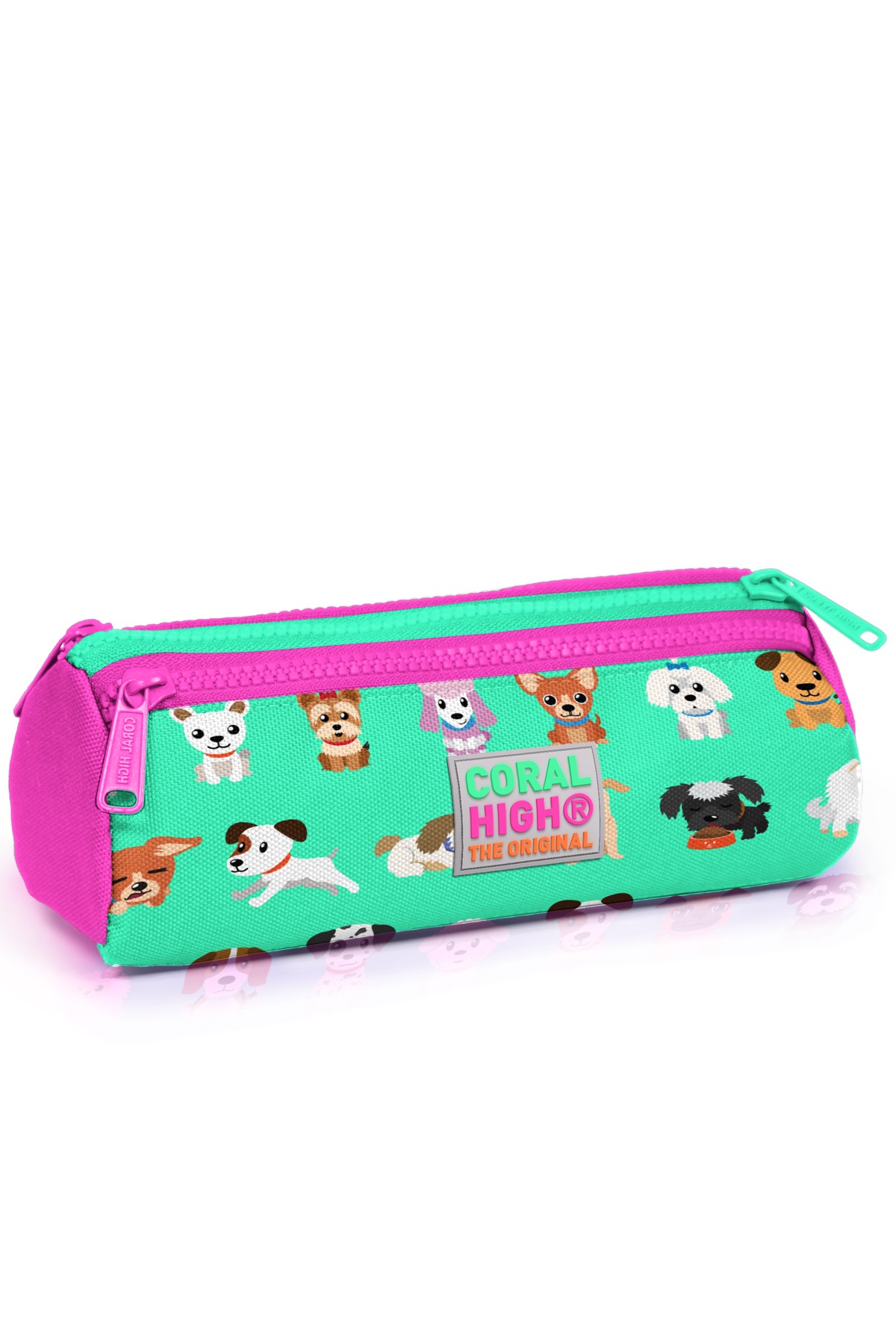 Coral High Kids Su Yeşili Neon Pembe Köpek Desenli Üç Bölmeli Kalem Çantası 22306