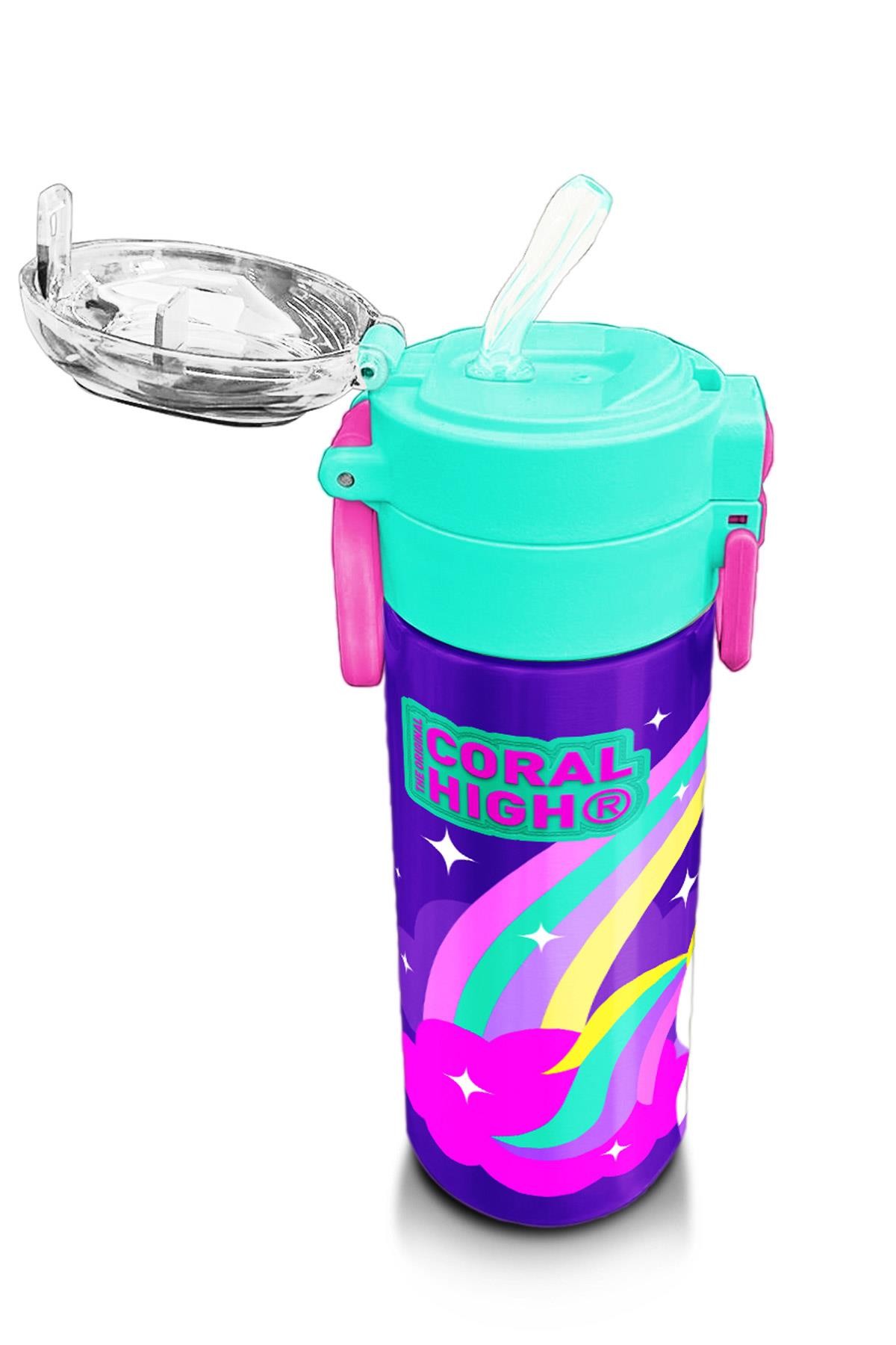 Coral High Kids Mor Su Yeşili Unicorn Desenli Pipetli ve Direkt İçim Çelik Termos 500 ml 31818