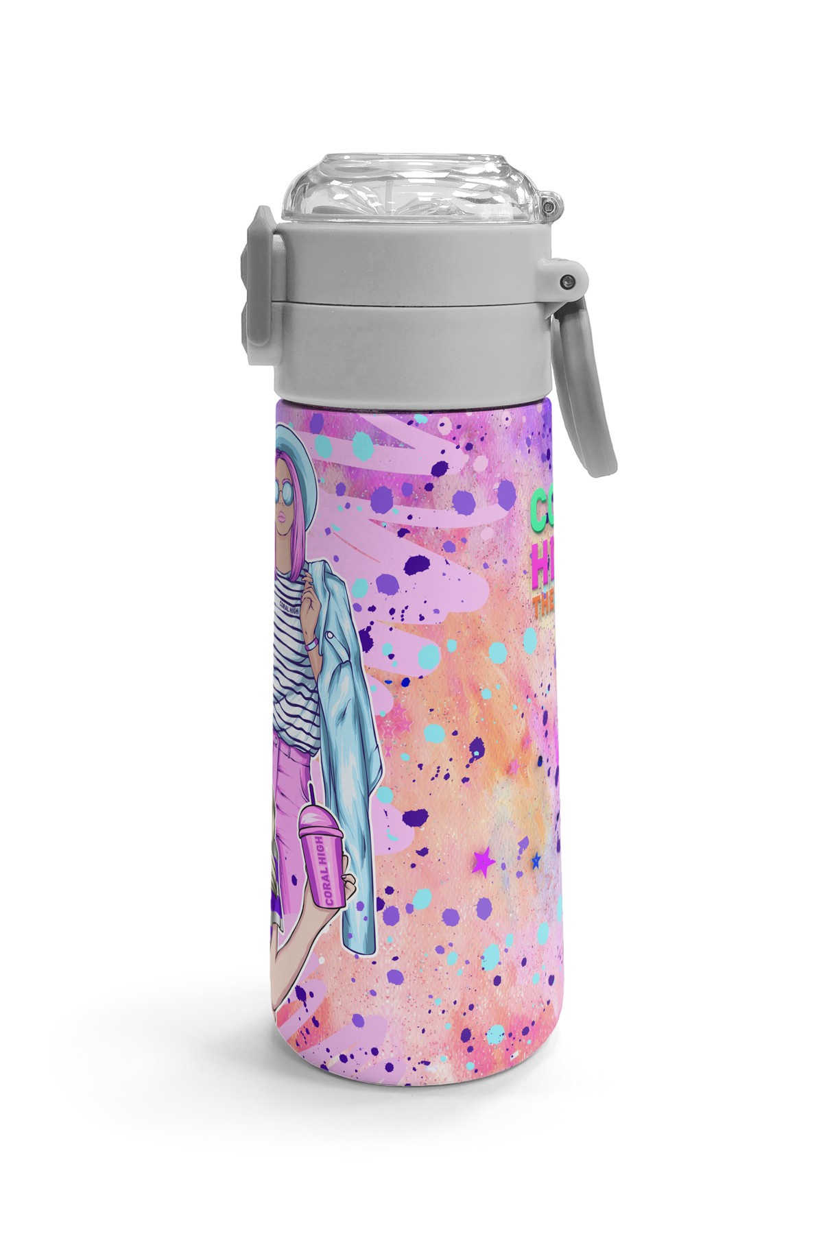 Coral High Kids Pembe Mor Fashion Girl Desenli Pipetli ve Direkt İçim Çelik Termos 500 ml 31956