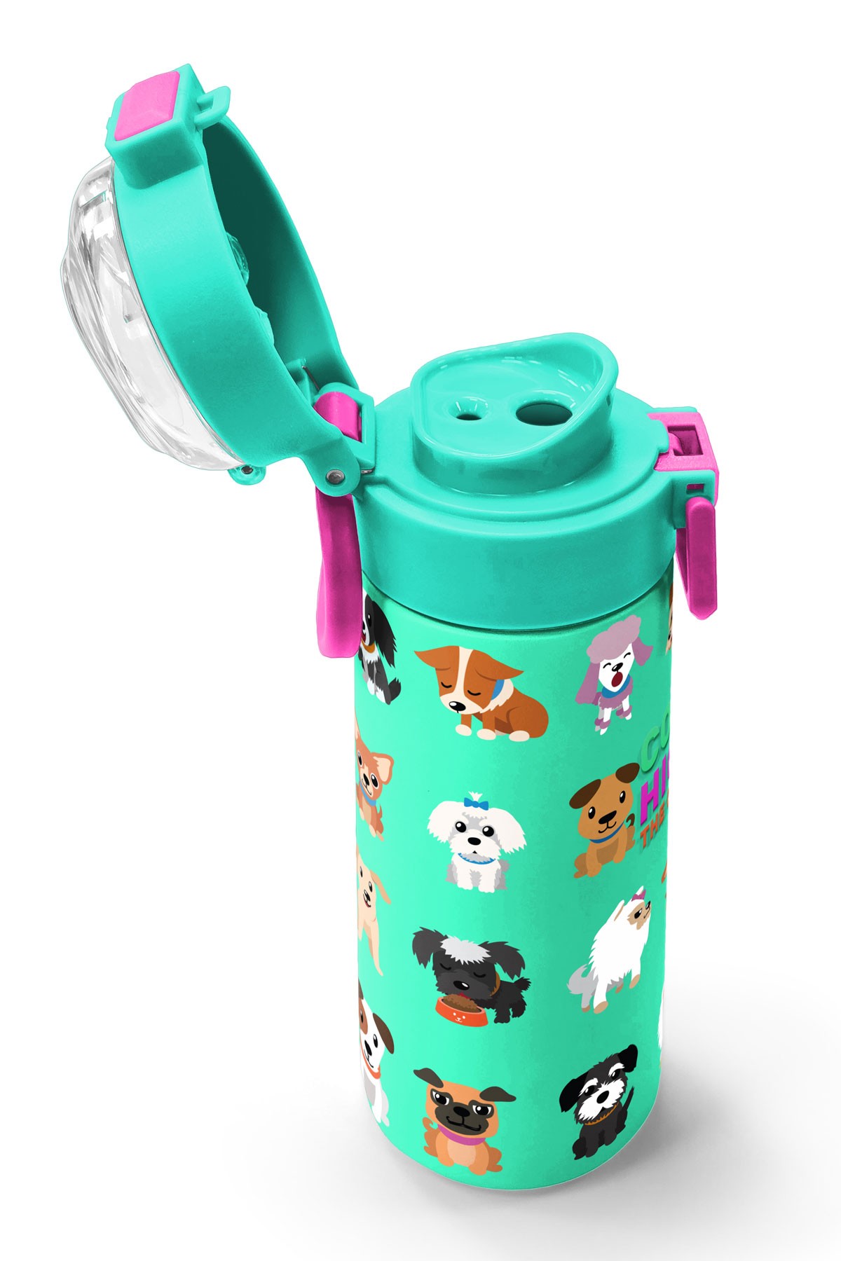Coral High Kids Su Yeşili Neon Pembe Köpek Desenli Pipetli ve Direkt İçim Çelik Termos 500 ml 31913