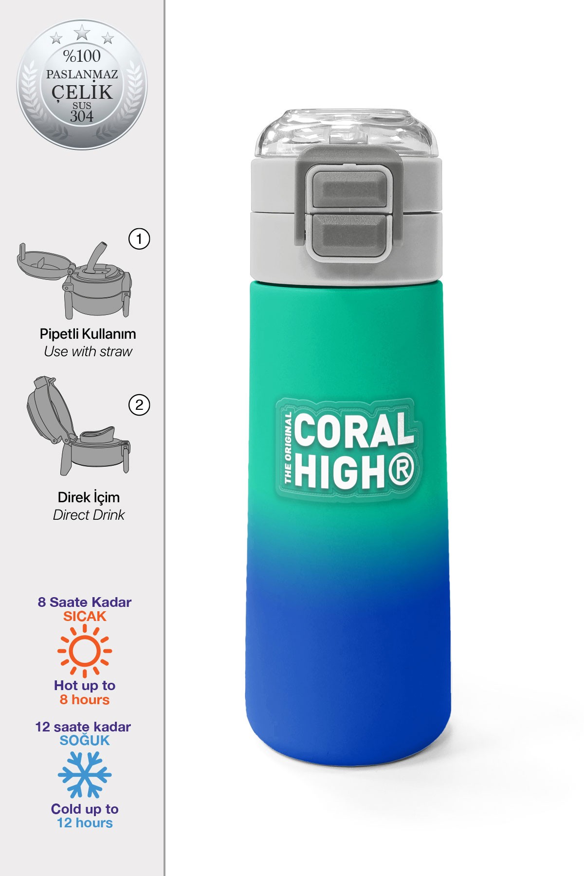 Coral High Kids Yeşil Saks Renk Geçişli Pipetli ve Direkt İçim Çelik Termos 500 ml 31839