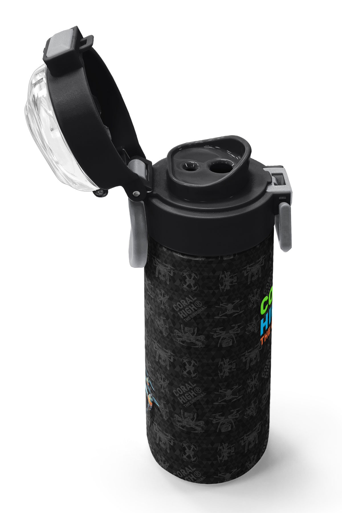 Coral High Kids Siyah Drone Desenli Pipetli ve Direkt İçim Çelik Termos 500 ml 31891