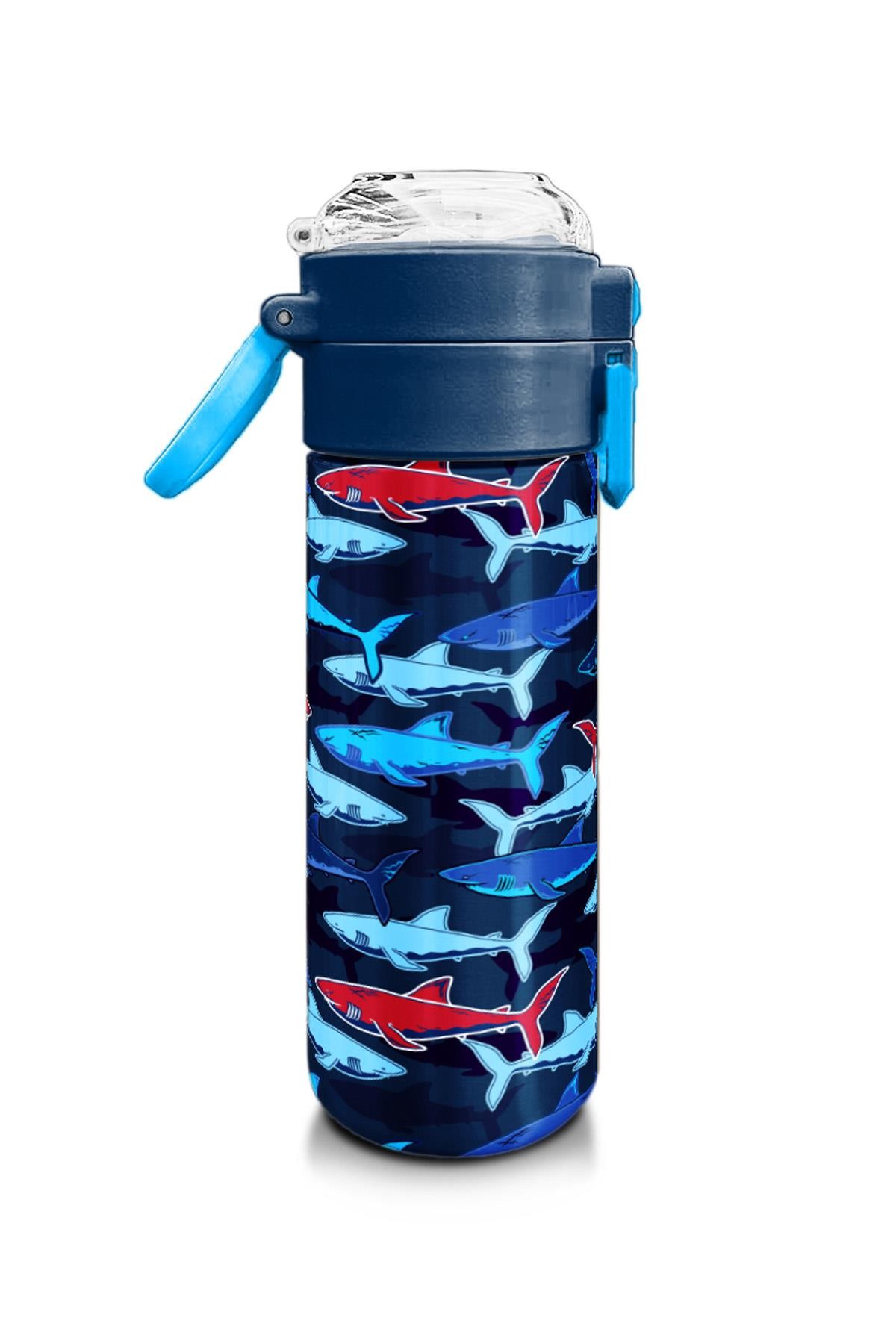 Coral High Kids Lacivert Kırmızı Köpek Balığı Desenli Pipetli ve Direkt İçim Çelik Termos 500 ml 31930
