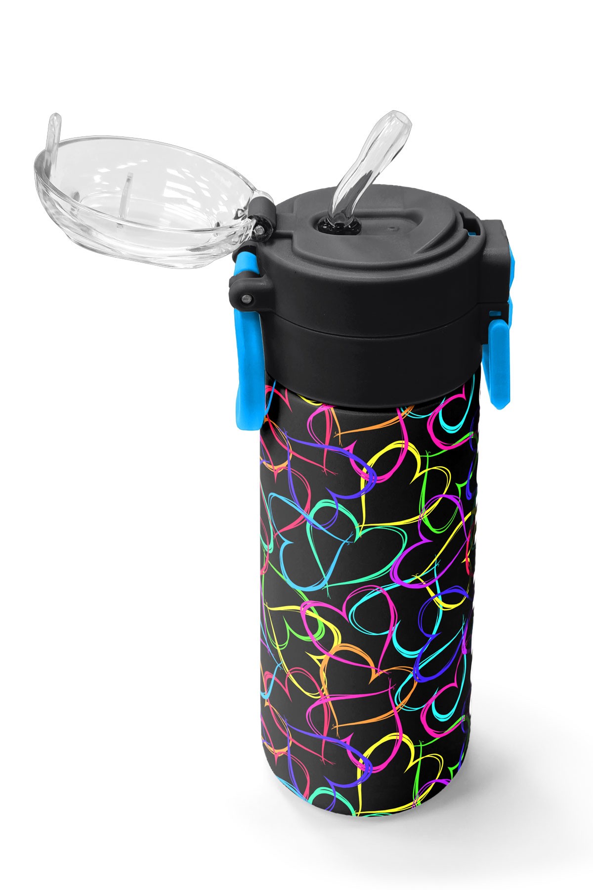 Coral High Kids Çok Renkli Kalp Desenli Pipetli ve Direkt İçim Çelik Termos 500 ml 31870