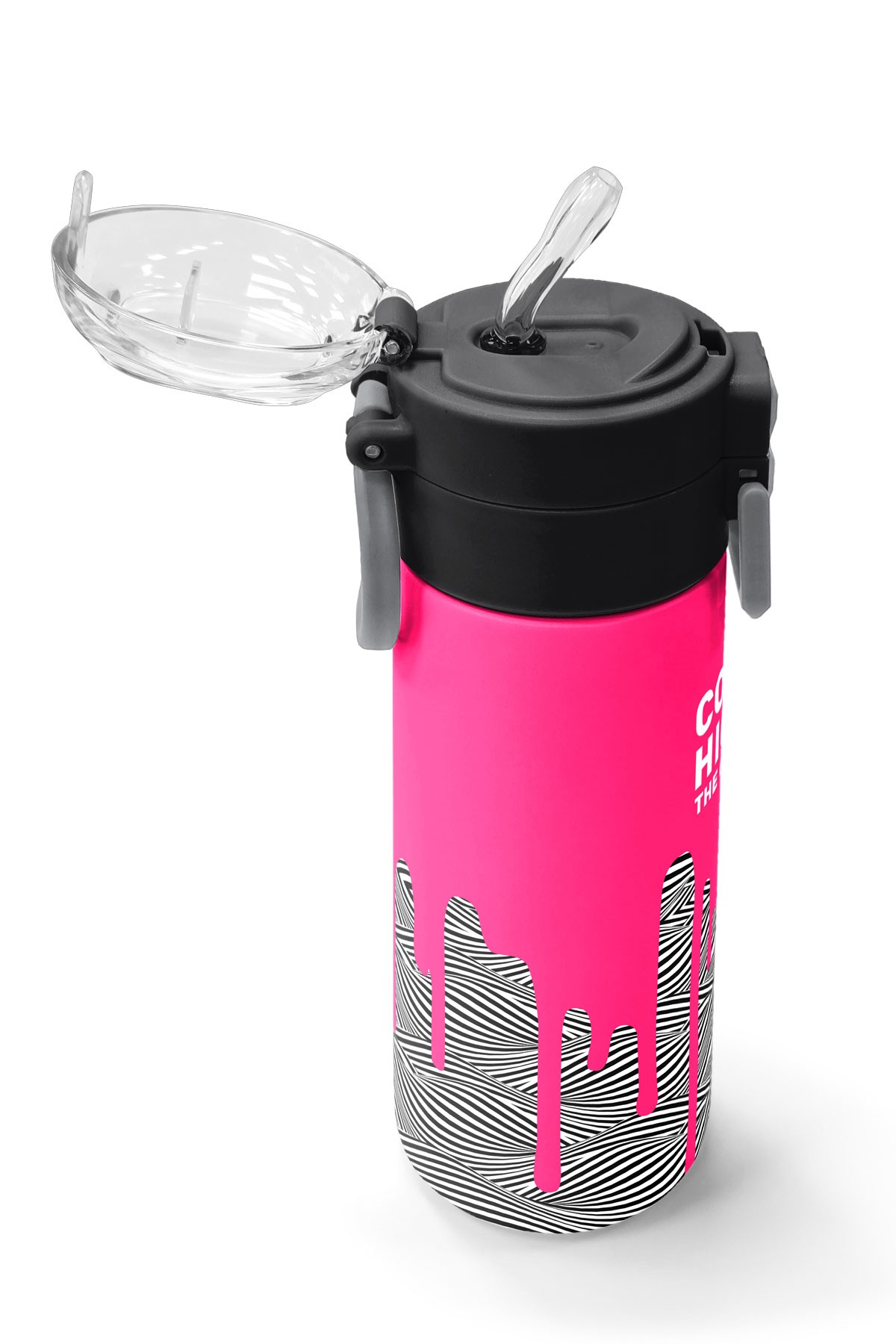Coral High Kids Pembe Siyah Beyaz Desenli Pipetli ve Direkt İçim Çelik Termos 500 ml 31878