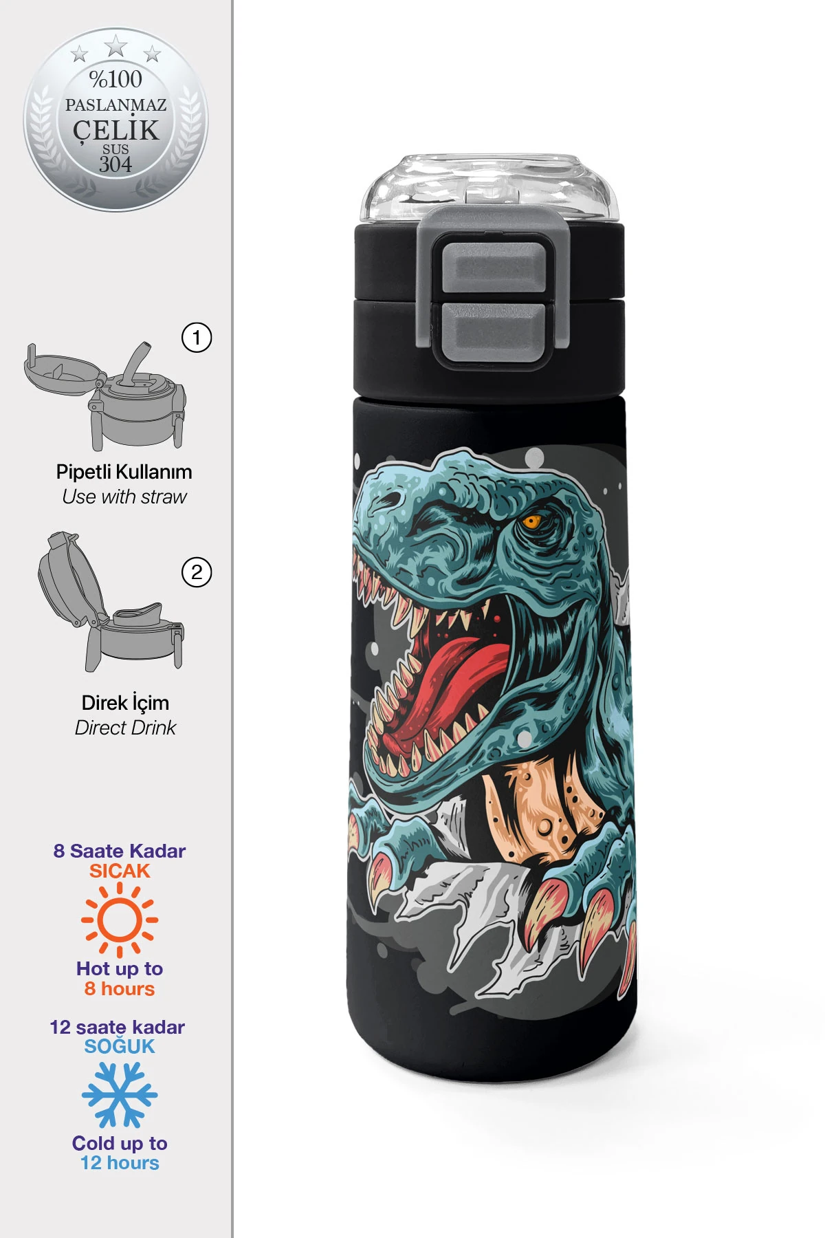 Coral High Kids Koyu Gri Siyah Dinozor Desenli Pipetli ve Direkt İçim Çelik Termos 500 ml 31822