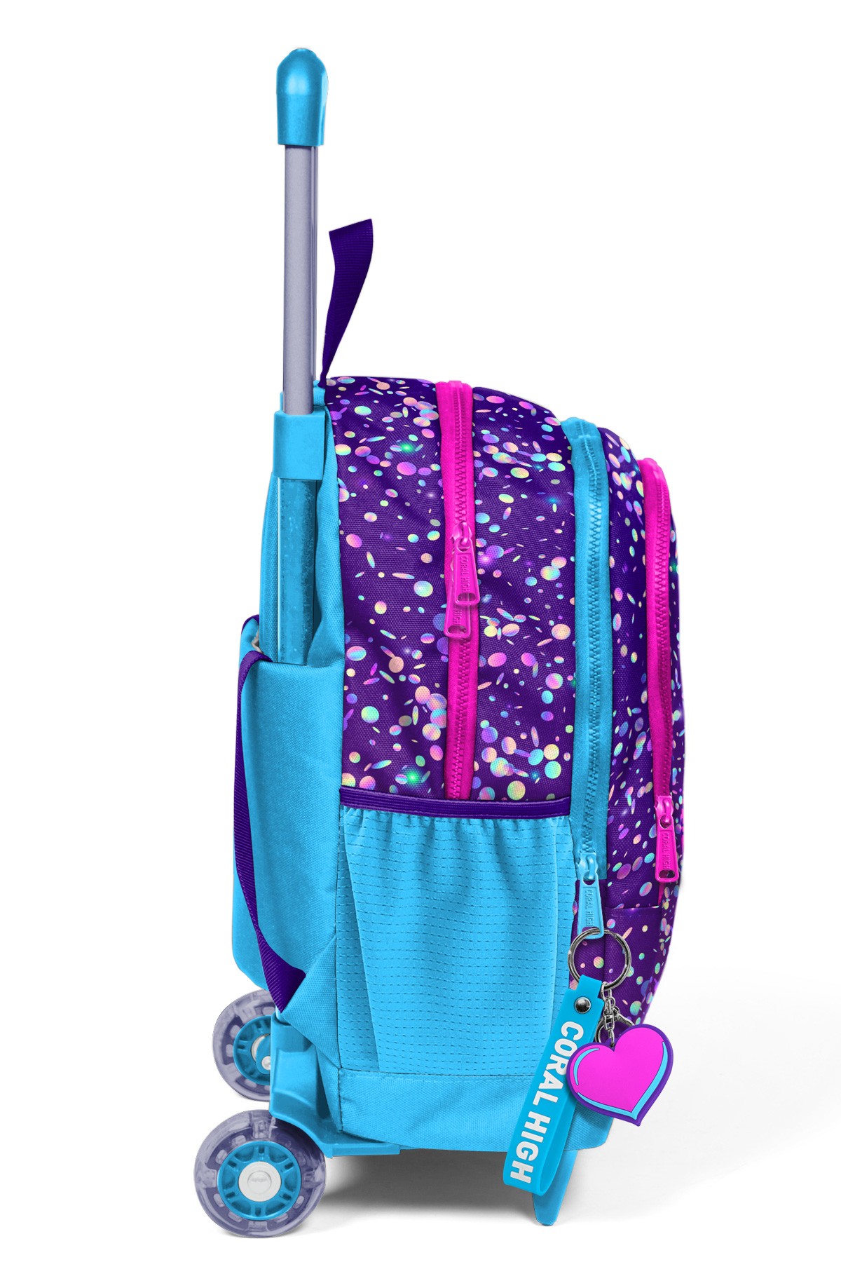 Coral High Kids Mor Mavi Pembe Kalp Desenli Üç Bölmeli Çekçekli Okul Sırt Çantası 23940