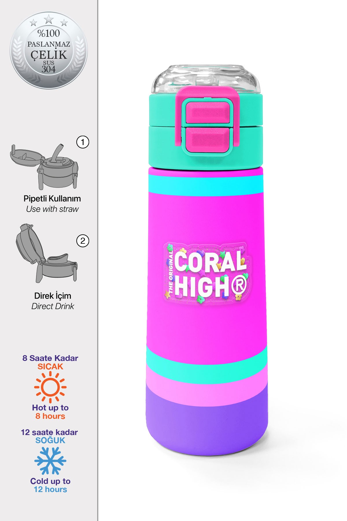 Coral High Kids Çok Renkli Pipetli ve Direkt İçim Çelik Termos 500 ml 31864