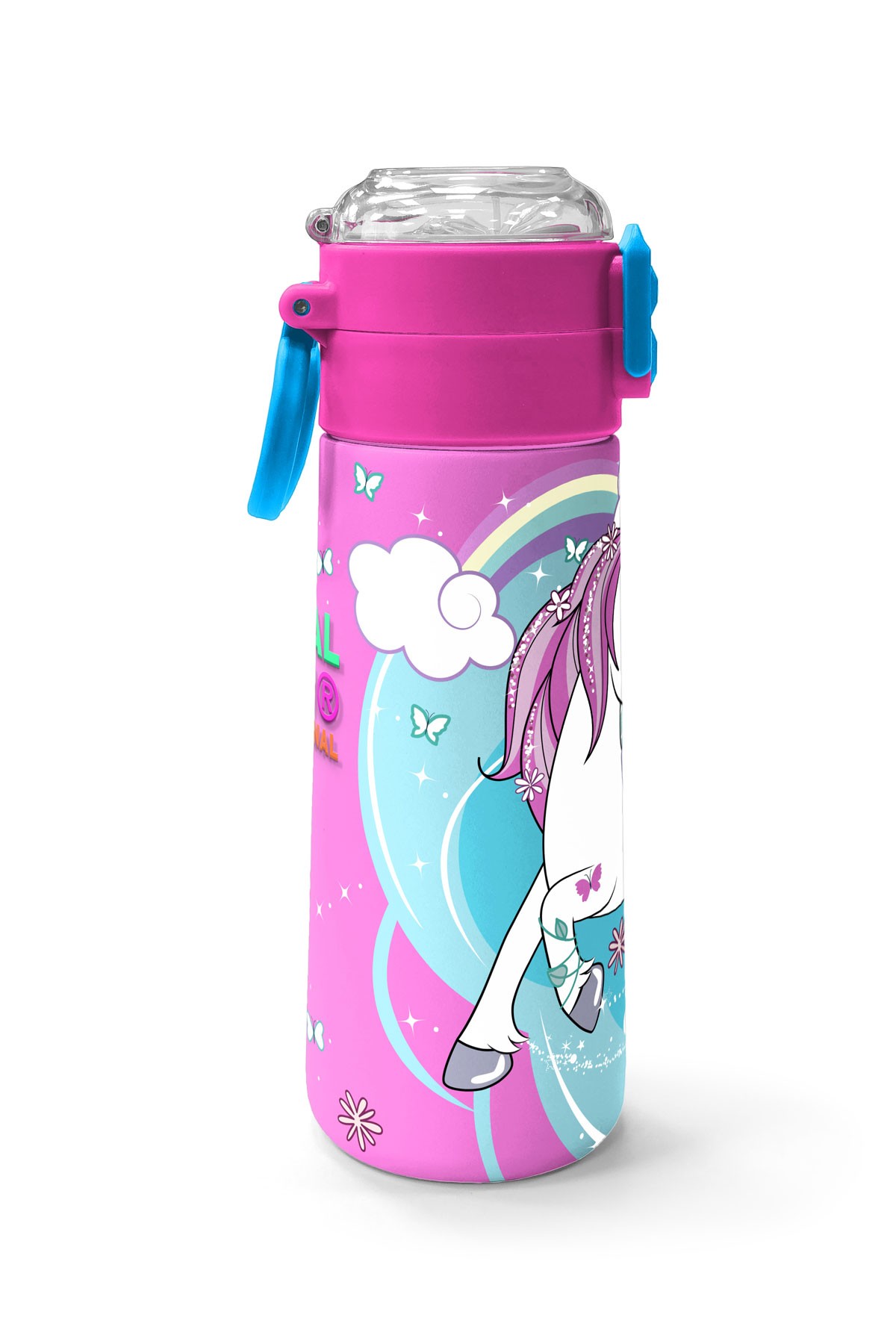 Coral High Kids Mavi Neon Pembe Unicorn Desenli Pipetli ve Direkt İçim Çelik Termos 500 ml 31925