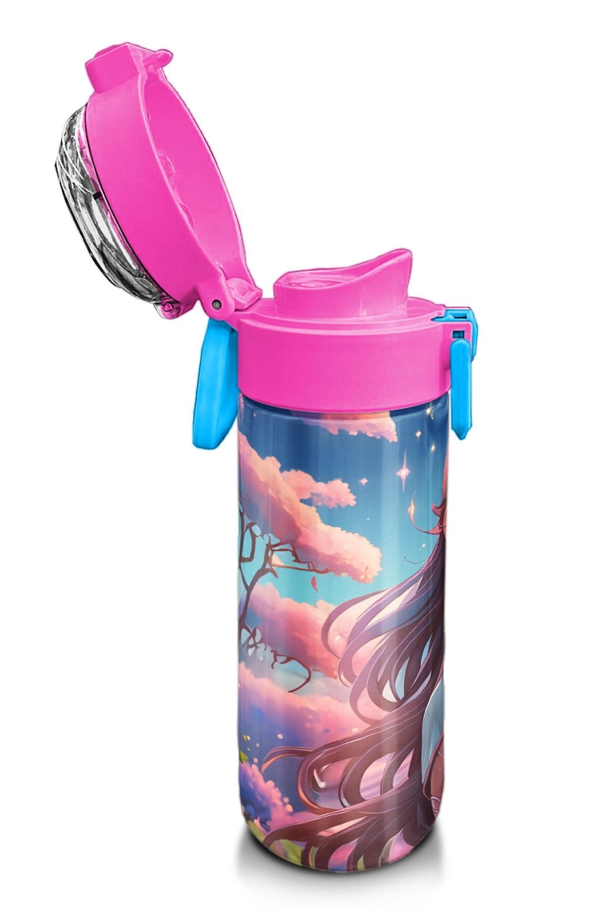 Coral High Kids Turkuaz Pembe Anime Kız Desenli Pipetli ve Direkt İçim Çelik Termos 500 ml 31858