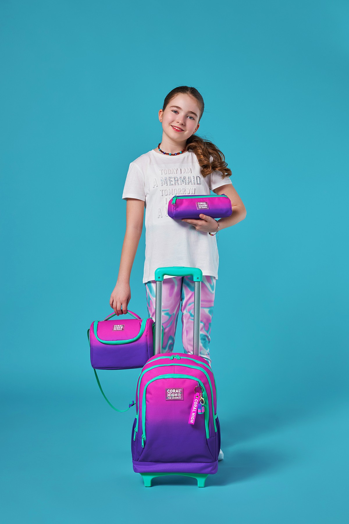 Coral High Kids Pembe Mor Renk Geçişli Üç Bölmeli Çekçekli 3'lü Çanta Seti SET0123962