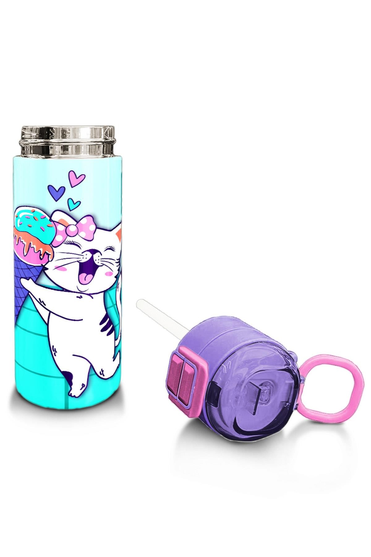 Coral High Kids Turkuaz Pembe Dondurmalı Desenli Pipetli ve Direkt İçim Çelik Termos 500 ml 31952